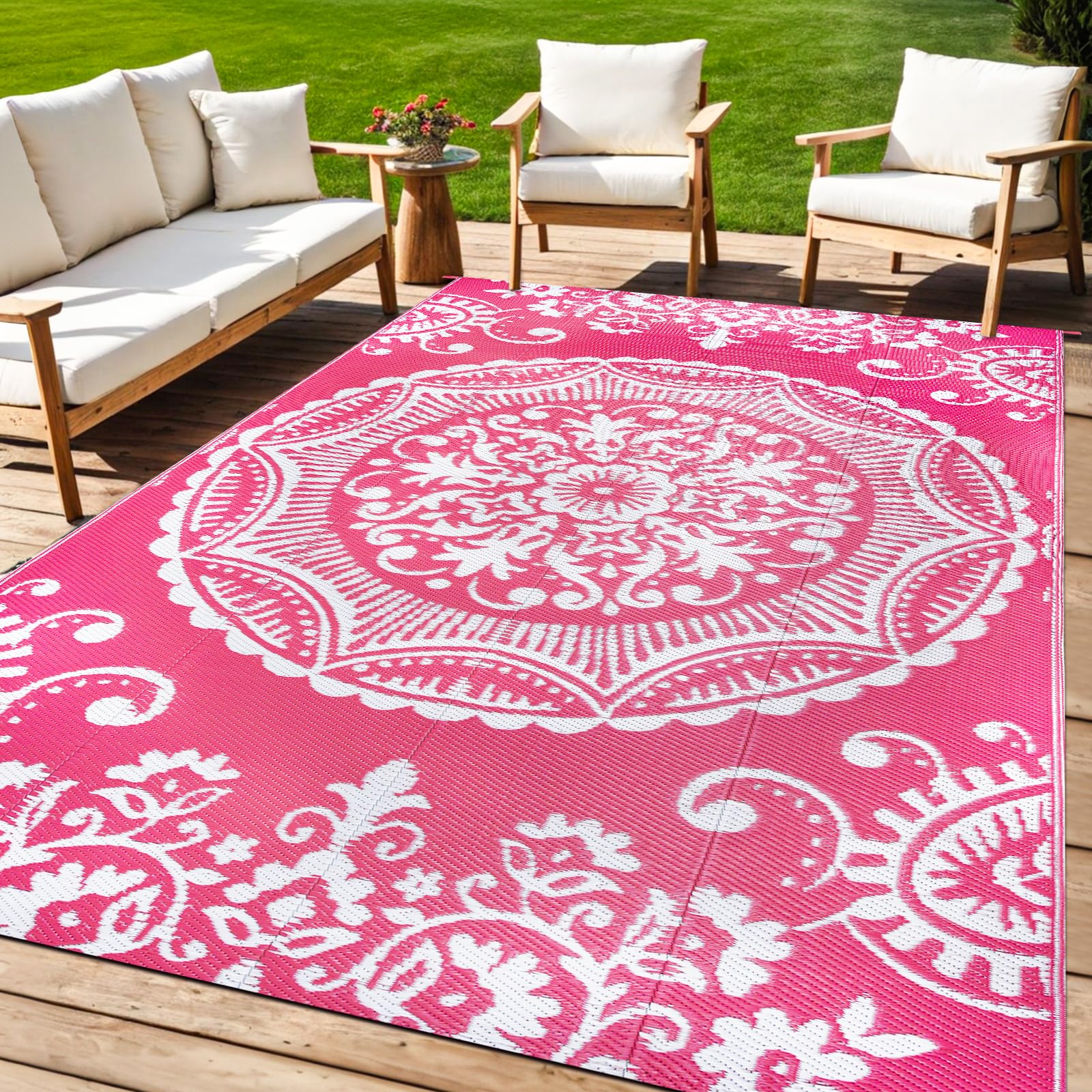 Capslpad Outdoor Teppich Wetterfest, Balkon Teppich, Kunststoff Camping Teppich, Leichtgewicht Picknickdecke, Vorzeltteppich Outdoorteppich für Balkon, Picknick, Camping, Garten