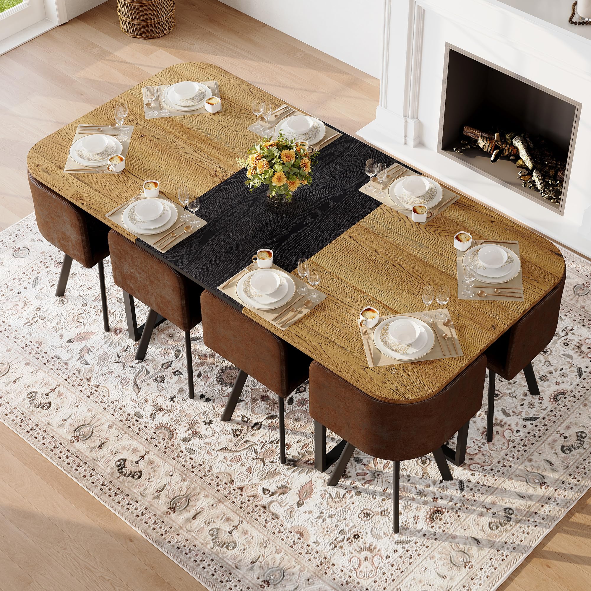 Rejeke 78.7 inch modern farmhouse wood dining table set with 8 PU leather chairs