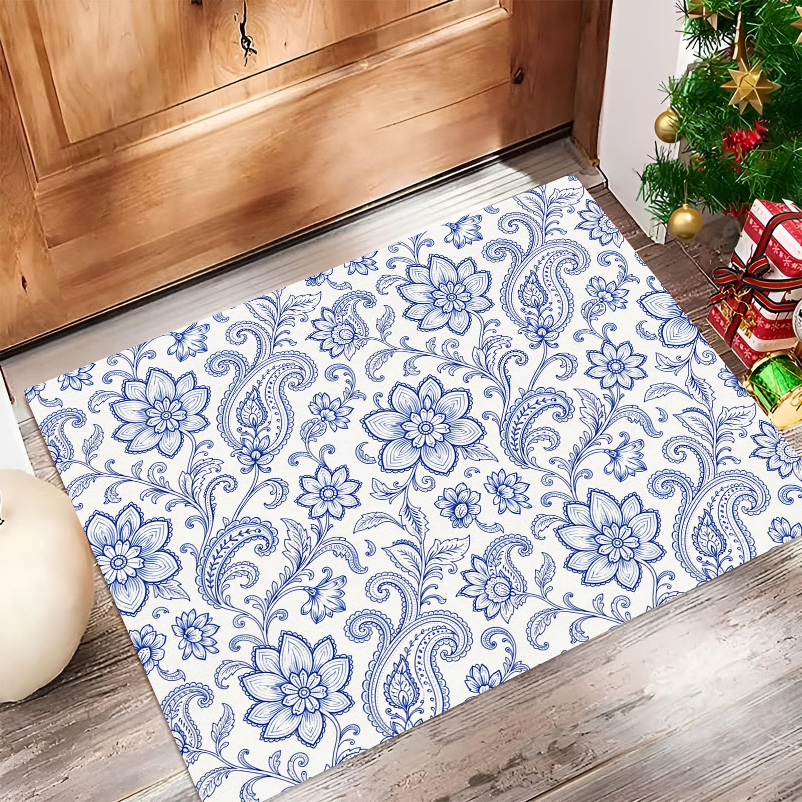 Zerbino Ingresso Interno Motivo Floreale Paisley Esotico, Zerbino Di Benvenuto Lavabile Morbida Piante Tradizionali, Antiscivolo Tappeto Da Decorazioni Blu Per Casa Porta, 90X150Cm