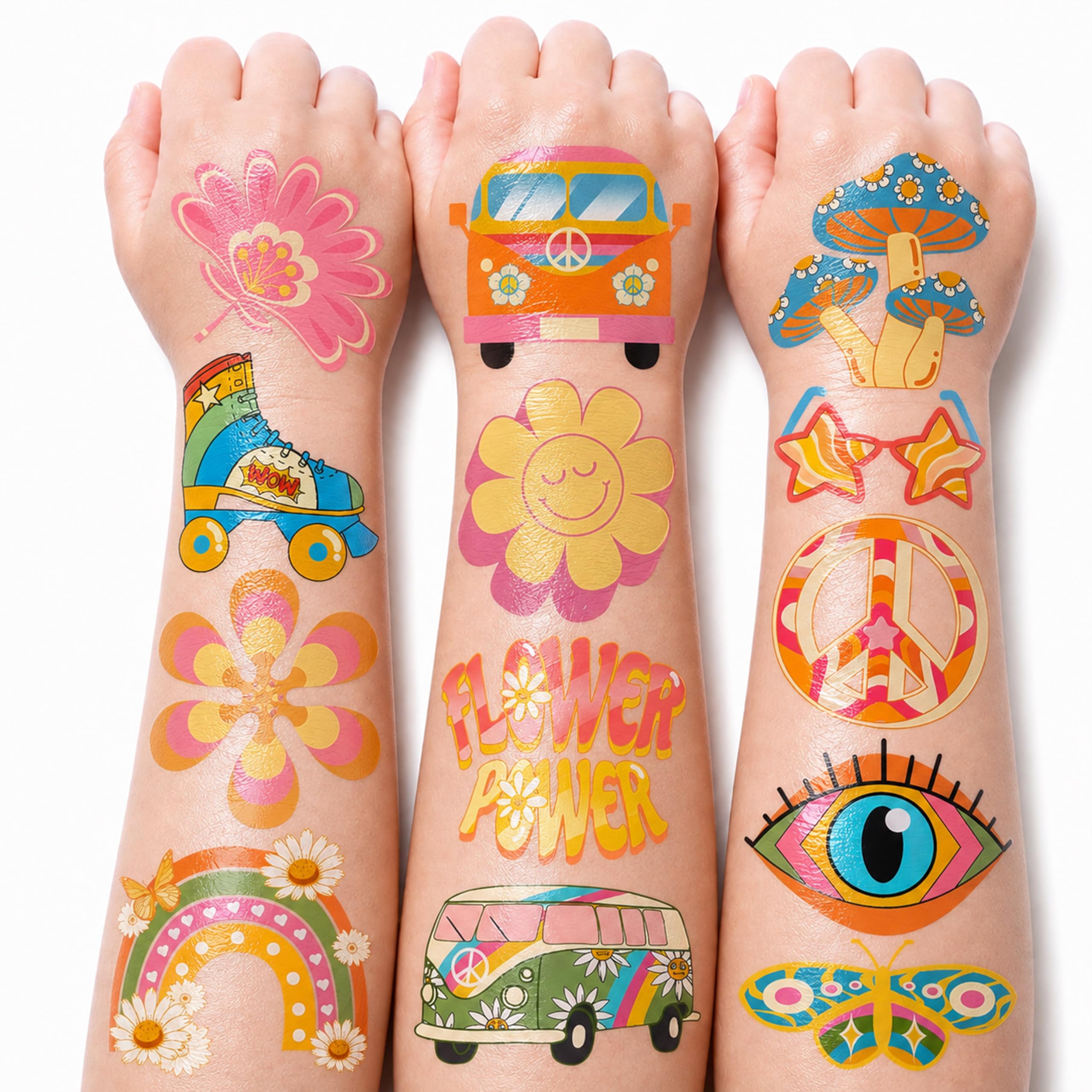 60 PCS Two Groovy Temporary Tattoos for Kids - Retro 60s 70s Hippie Daisy