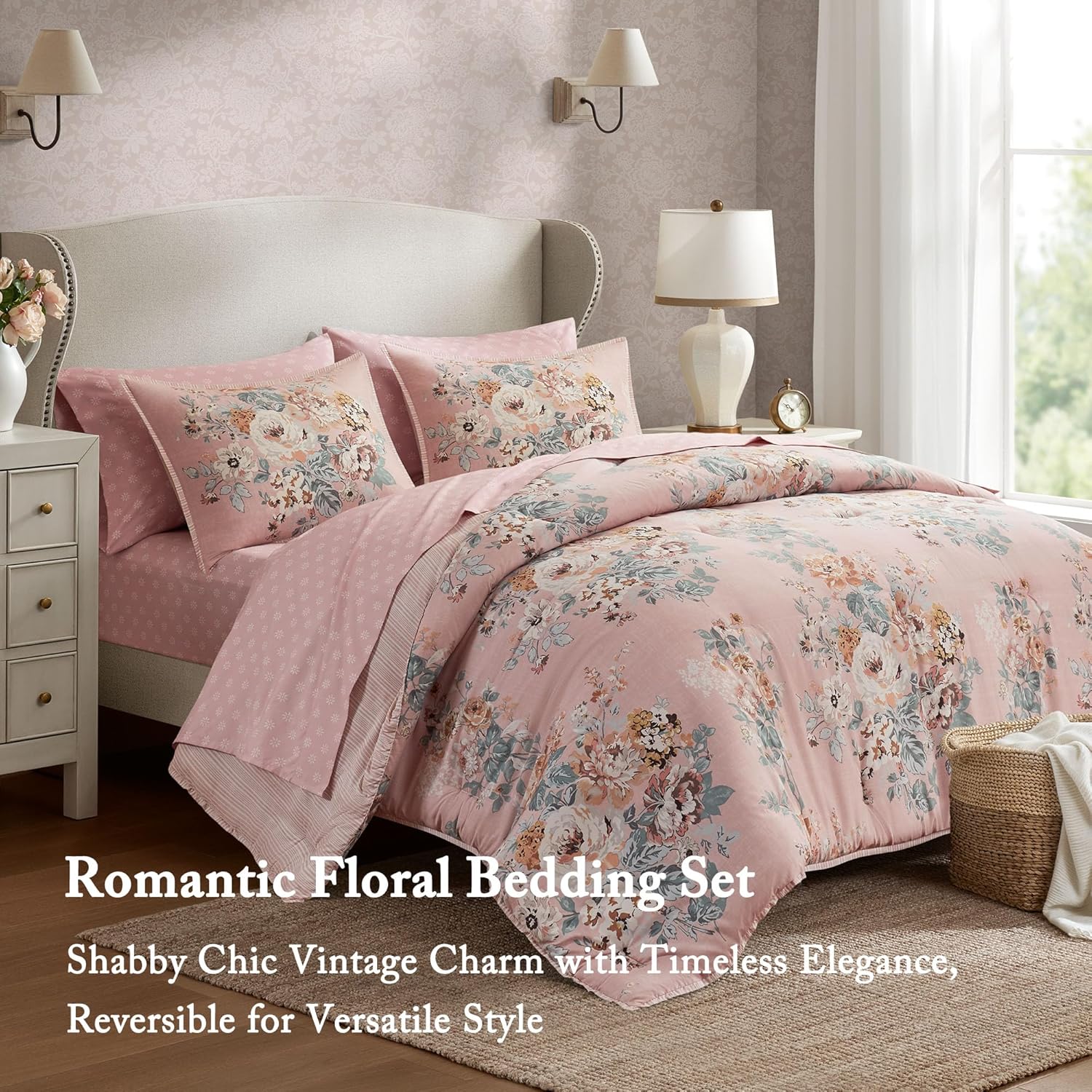Madison Park Essentials Floral Comforter Set Queen Size, Vintage Flower Bedding Set with Sheet Set, 7 Pieces Bed in a Bag with Reversible Botanical Comforter and Pillowcases & Shams, Heather, Pink