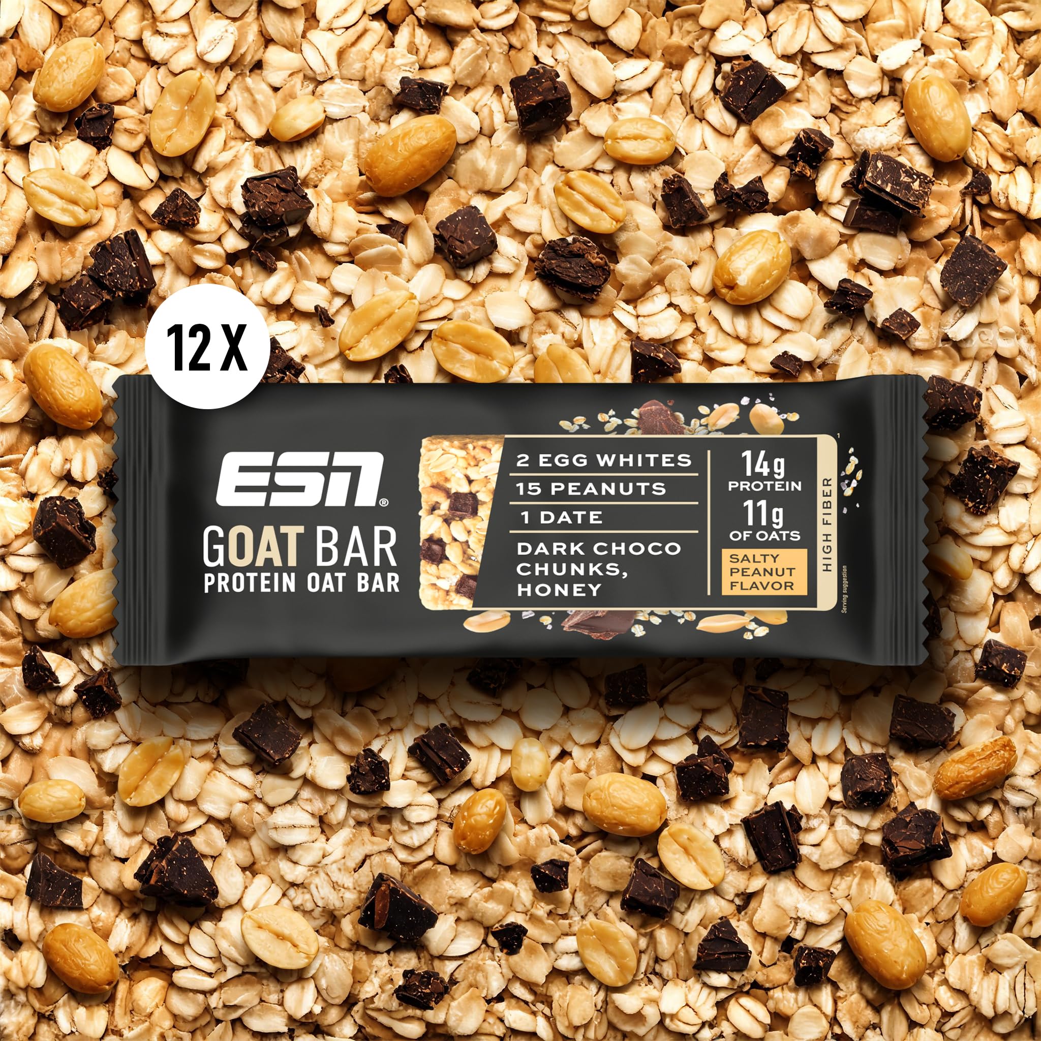 Barre ESN GOAT, barre protéinée à l'avoine, 12 x 55 g, Salty Peanut | En-cas énergétique riche en fibres, 14 g de protéines et 11 g d'avoine, sucrée aux dattes et au miel