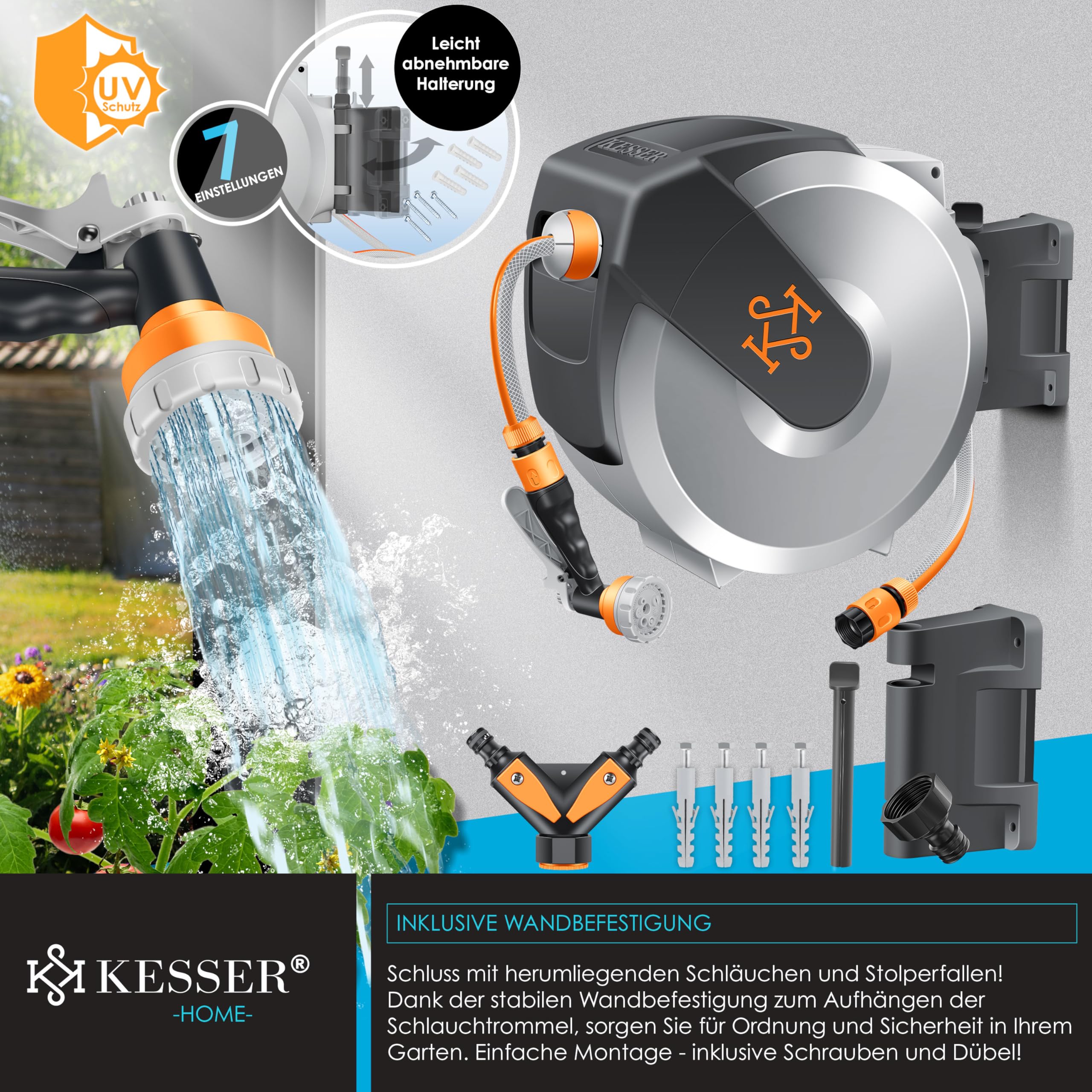 KESSER® Slanghaspel met tuinslang 20 m | wandhouder
