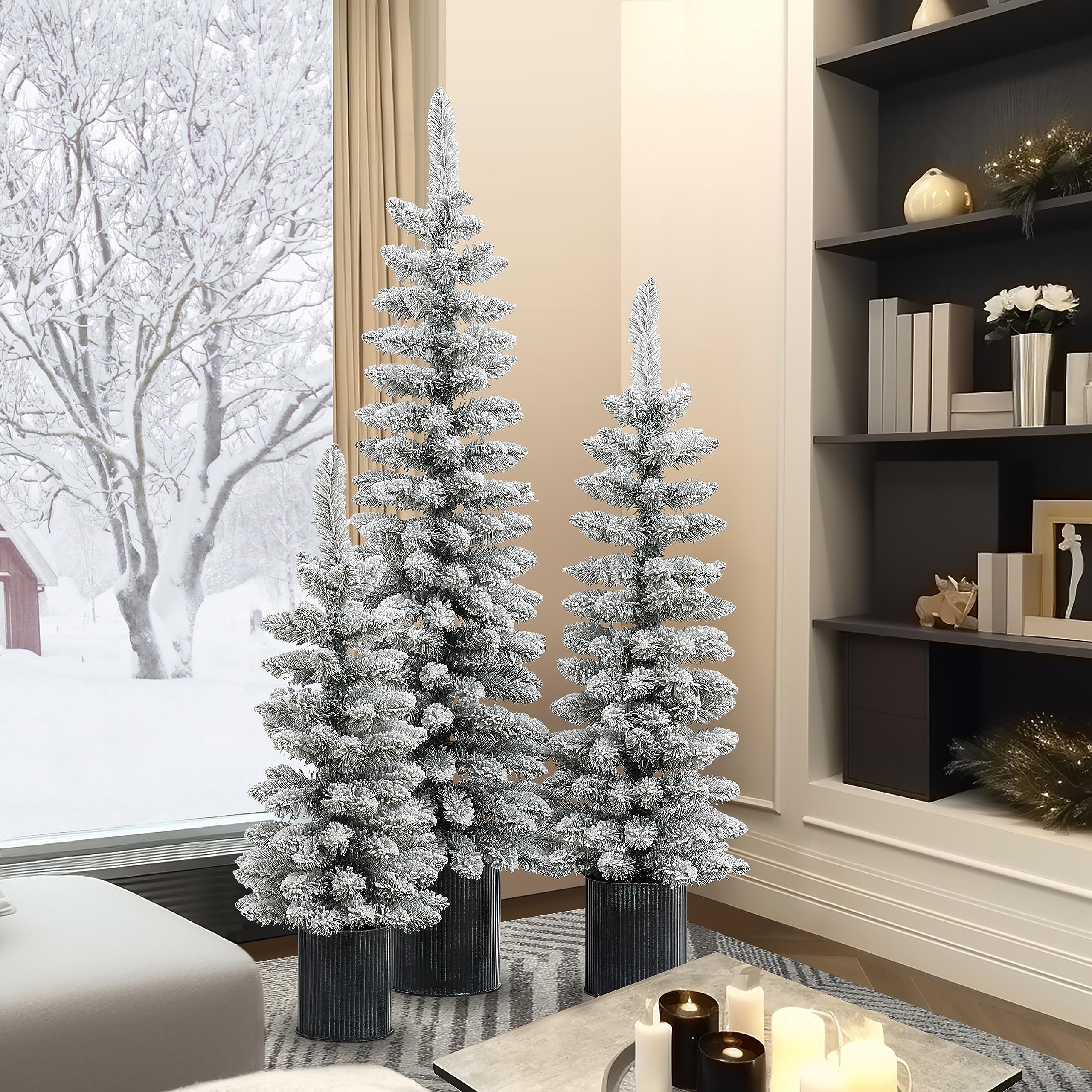 LuxenHome 3er Set Weihnachtsbäume, unbeleuchtete schneebeflockte Weihnachtsbäume mit Metalltöpfen, 3 Stück künstlicher Weihnachtsbaum Holiday Dector Indoor Xmas Decor, Kleiner Bleistift Weihnachtsbaum