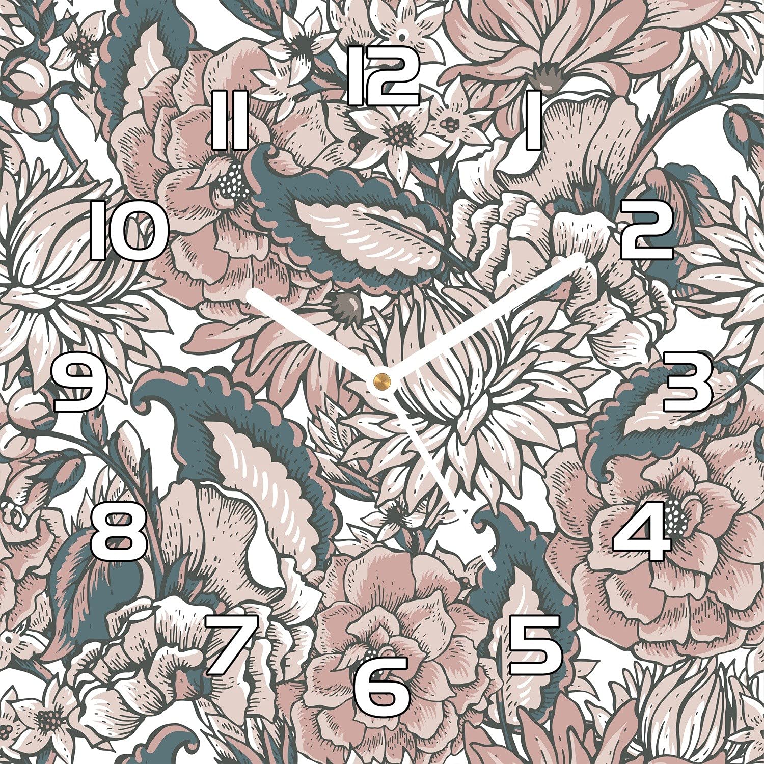 Horloge en verre de cuisine 30x30 cm à aiguilles blanches pour un salon fleuri moderne