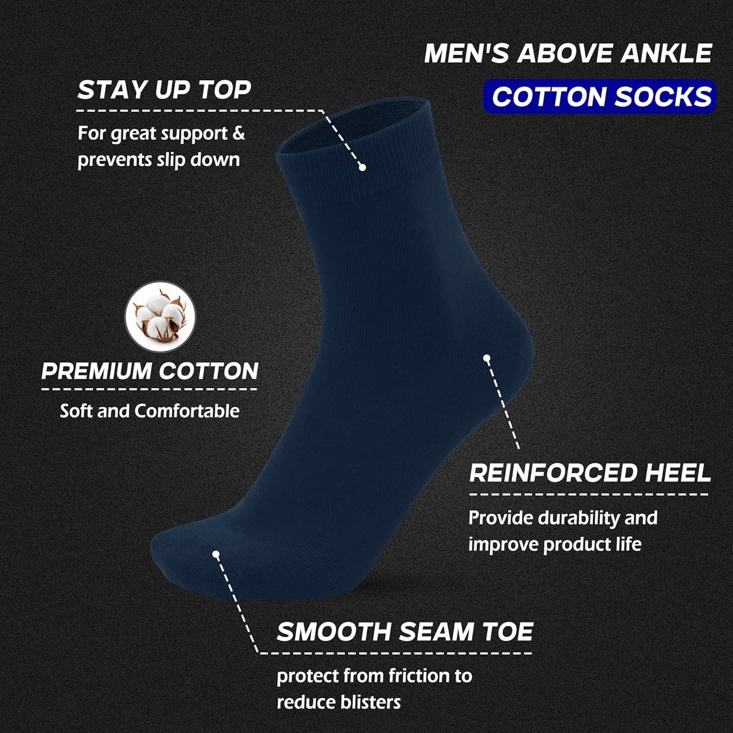 Sakusock Mens Above Ankle Thin Cotton Quarter Crew Socks Classic Lightweight Moisture Wicking Work Socks 5 Pairs - Image 3