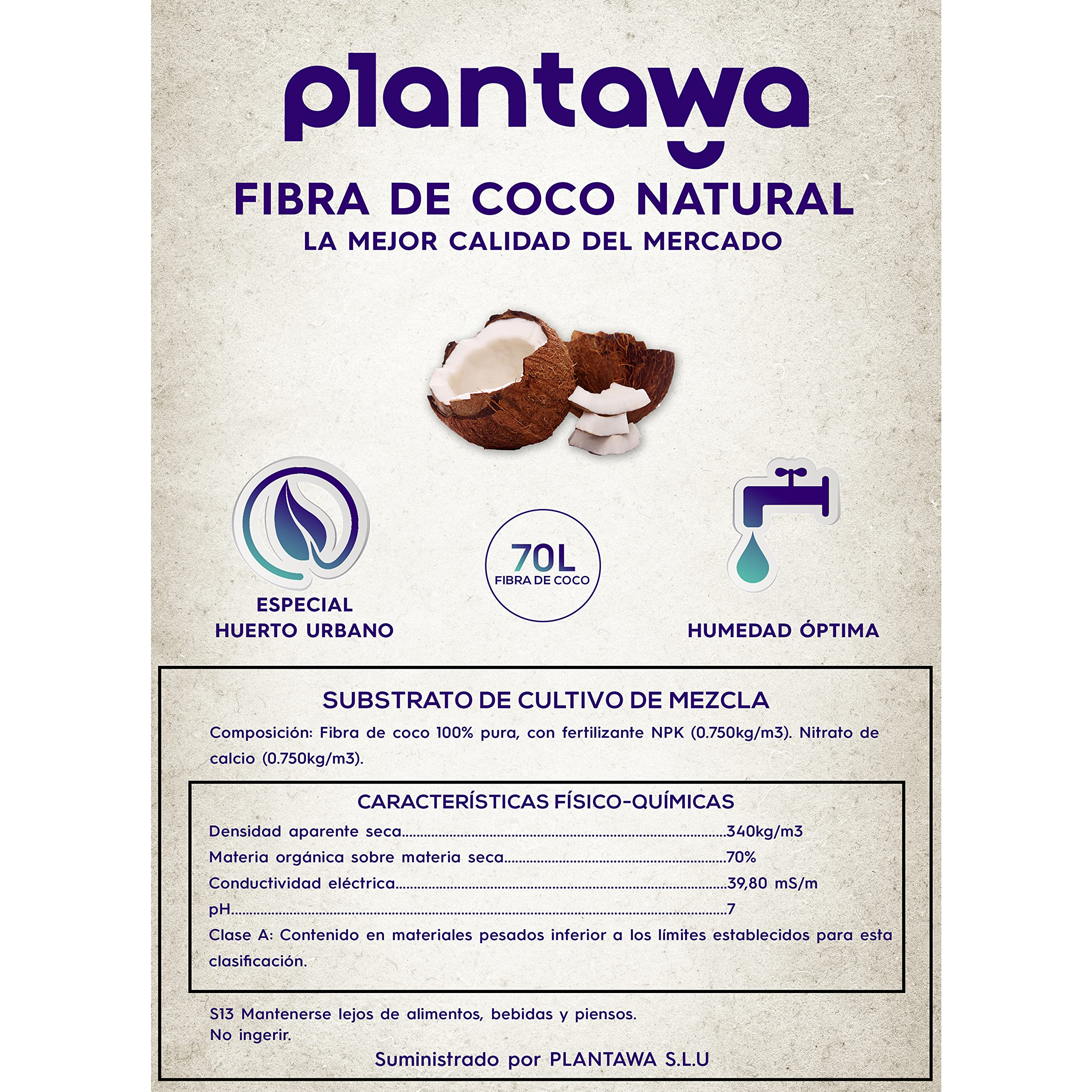 PLANTAWA Fibra de Coco Natural 70L | Sustrato para Plantas y Terrarios | Coco Sostenible Natural y Nutritivo | Retiene Humedad y Mejora Aireación