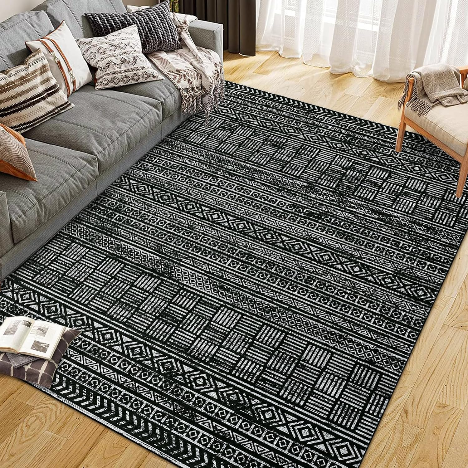 Area Rug 5'x7' Boho Textured Design Living Room Non Slip Low-Pile Soft Tribal Print Bedroom Rug Stain Resistant Playroom Carpet Office Black