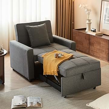 Sofa Bed Chair Convertible ,Sleeper Sofa with Pull-Out Bed ,3-in-1 Futon Couch with Reclining Backrest and Side Pocket (Dark Grey, 35.6‘)