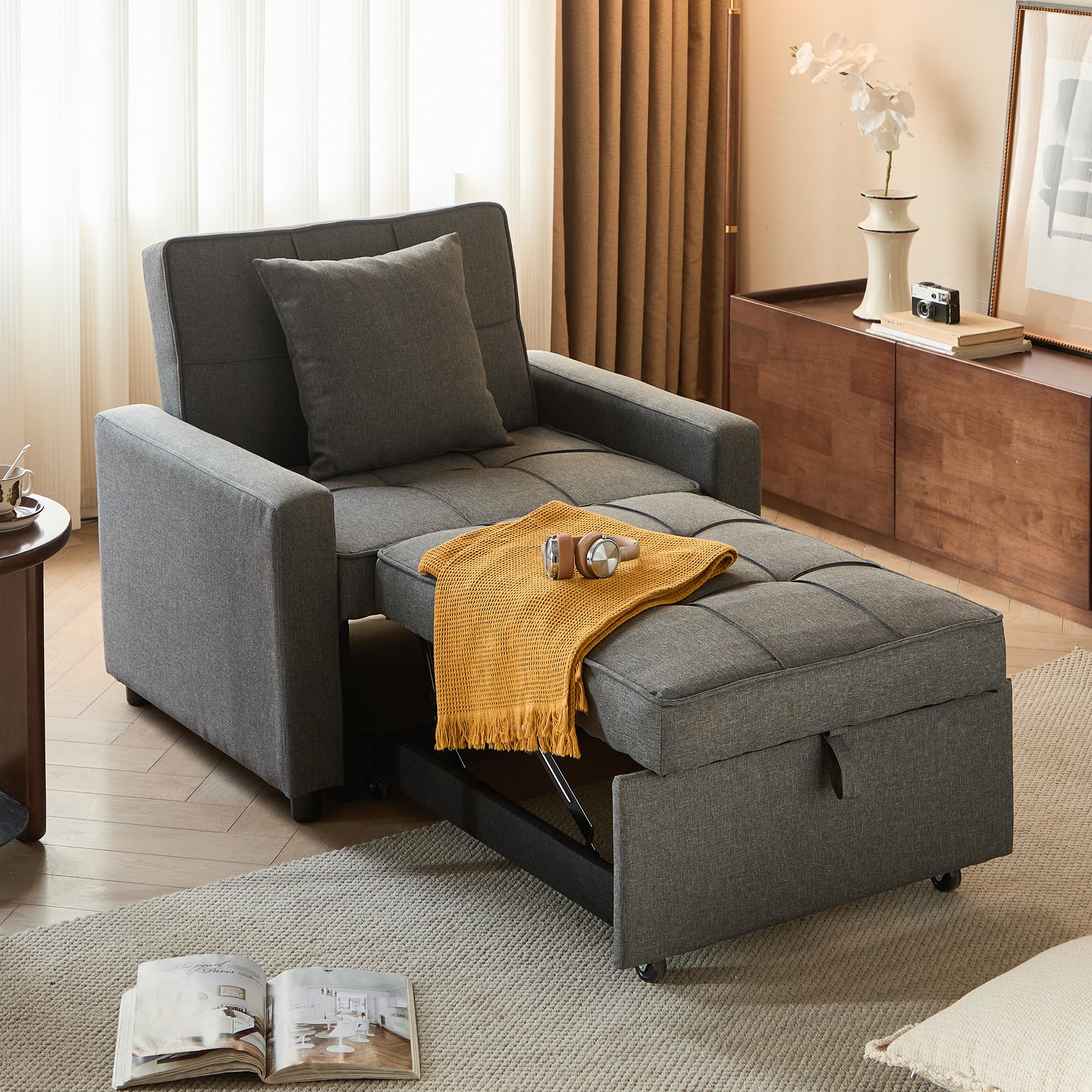 Sofa Bed Chair Convertible ?Sleeper Sofa with Pull-Out Bed ?3-in-1 Futon Couch with Reclining Backrest and Side Pocket (Dark Grey)