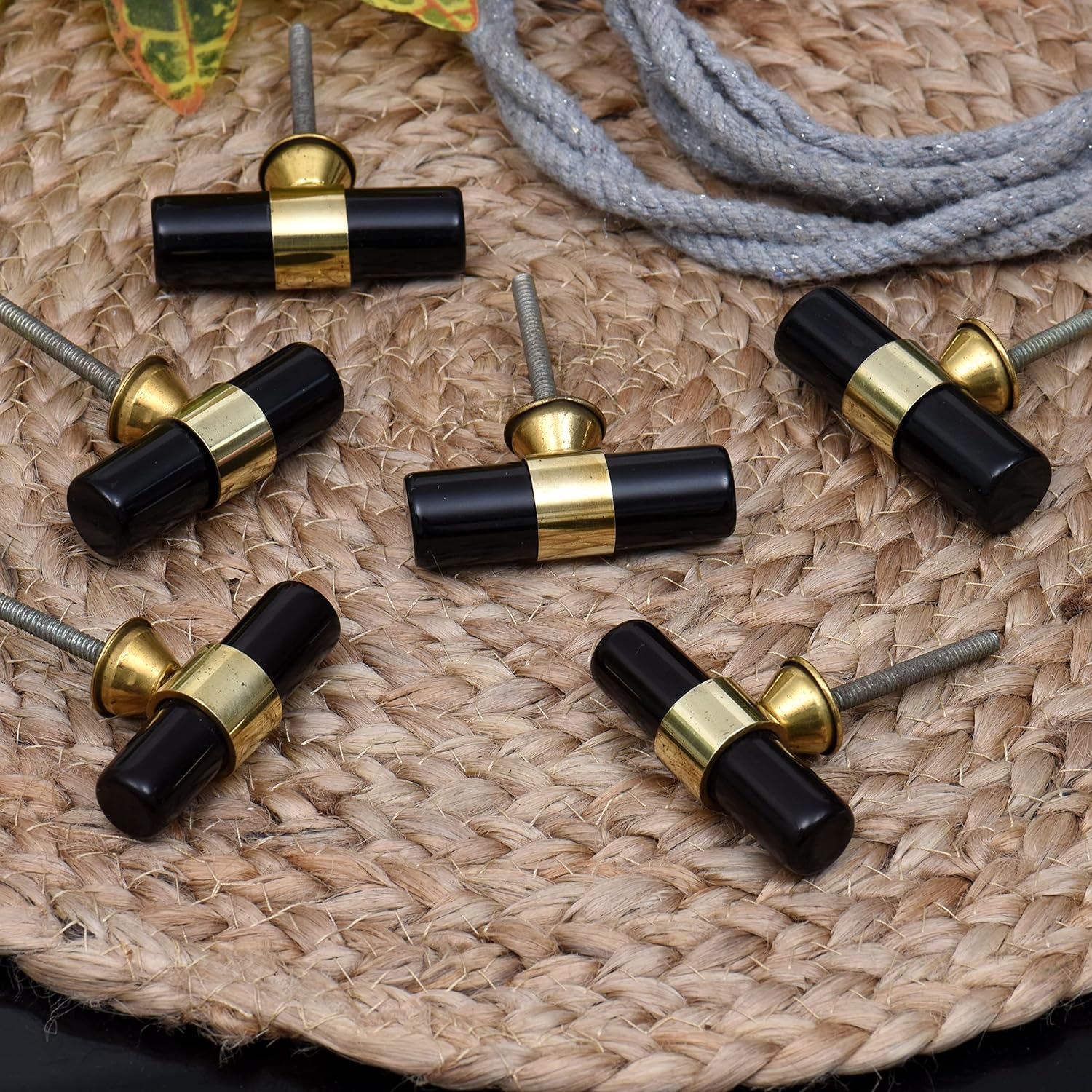 Indian Shelf 6 Pieces Black and Gold T Bar Knobs Brass Decorative Pulls for Kitchen Cabinets Drawers and Dressers Modern Hardware