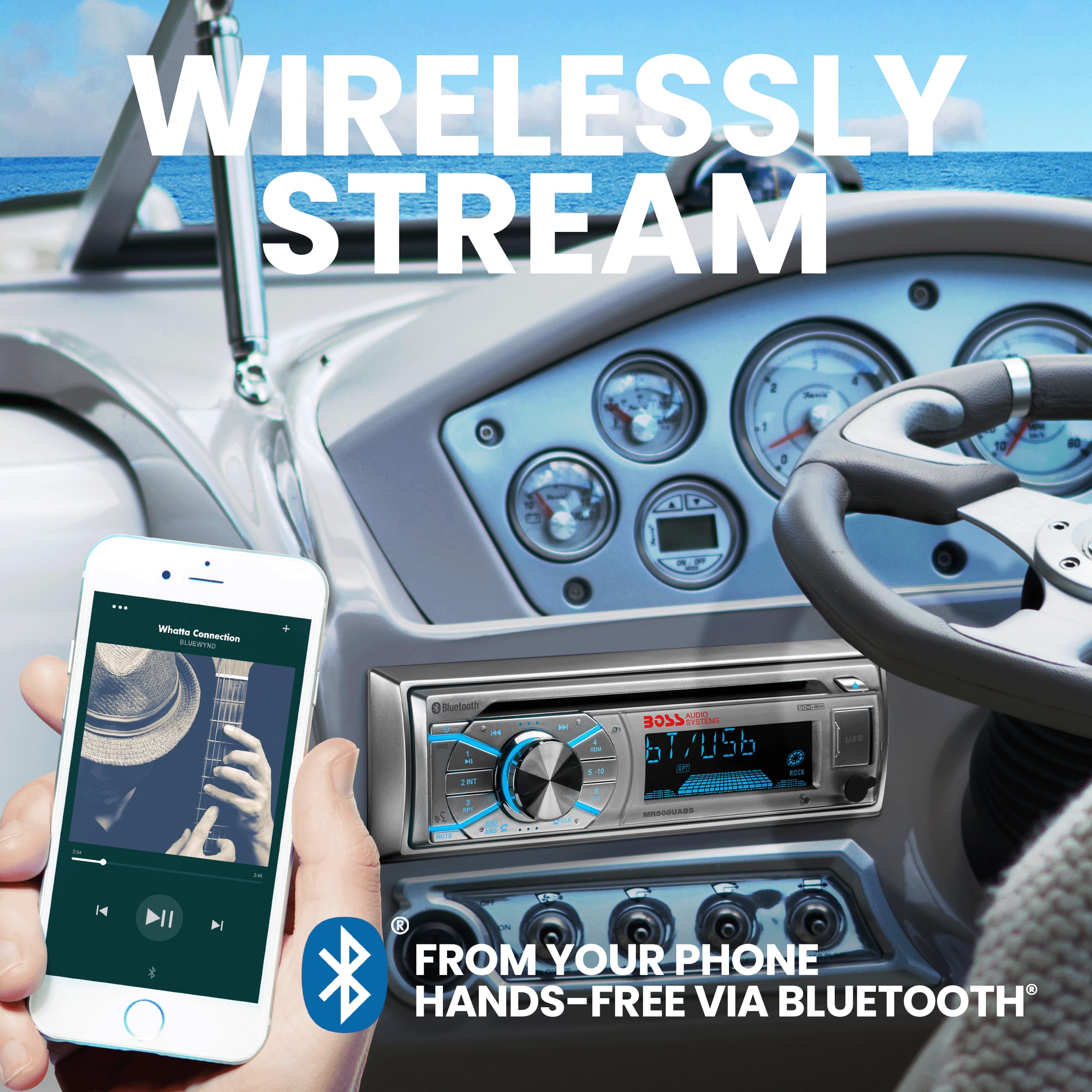 BOSS Audio Systems MR500UABS Marine Boat Stereo – Single Din, Bluetooth, odtwarzacz CD DVD, odbiornik radiowy AM/FM, USB