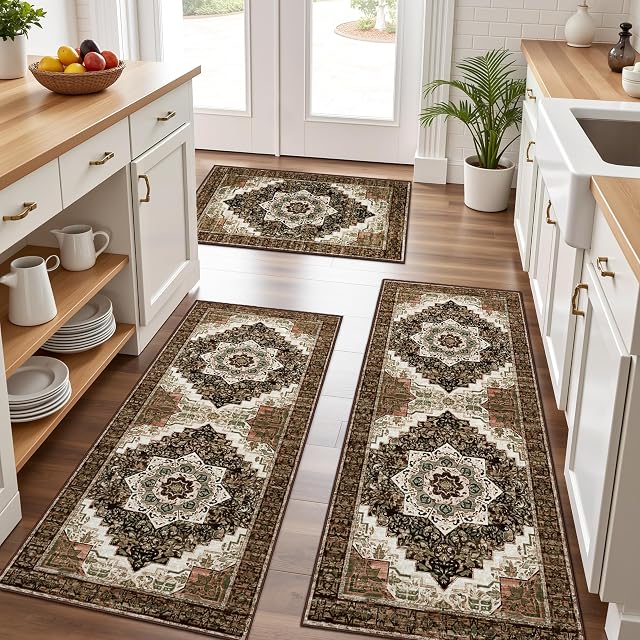 Kitchen Rugs Sets of 3 100% Non Slip Washable Kitchen Mats for Floor, Brown | 20"x32"+20"x48"+20"x59", Non-Slip Stability, Boho, Vintage, Farmhouse, Soft, Runner Rug, Hallway, Laundry Room, Entryway