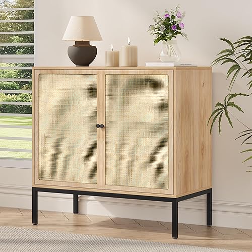 Yechen - Aparador de 80 cm con puertas decoradas de ratán natural, gabinete de ratán, mueble de consola de bufé de acento, credenza de caña,