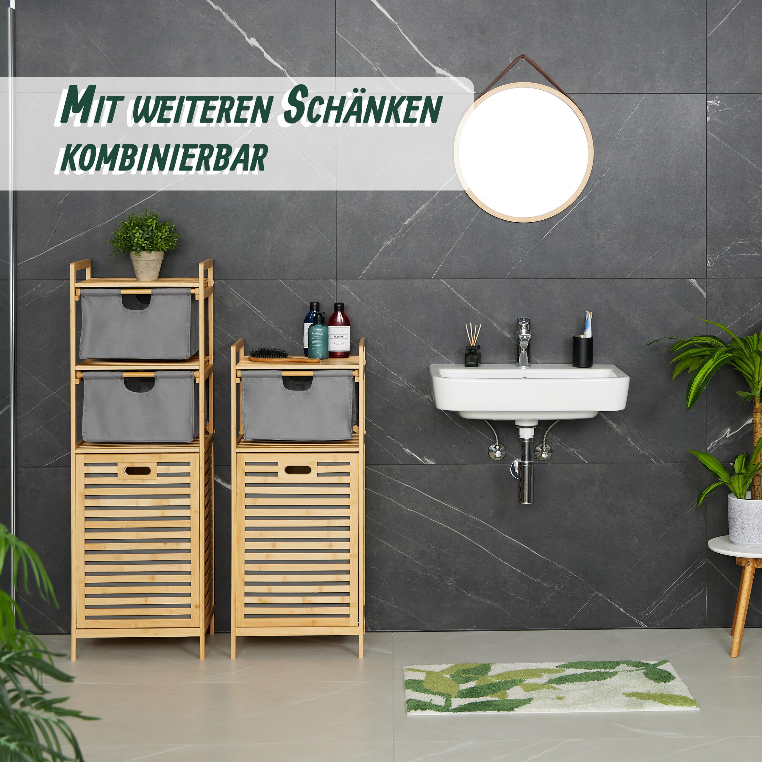 Relaxdays Wäschekorb, kippbarer Wäschesammler, 30 Liter, Ablage & Schublade, Bambus, Stoff, HBT: 95x40x33 cm, natur/grau