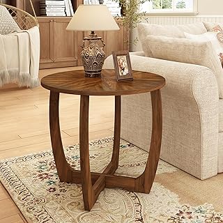 PADMA HOUSE Round Wood End Table with Curved Legs, Drum Circle Side Table with Snowflake Tabletop, Rounded Wooden Sofa Side Table, Brown Walnut Wood Tabletop & Legs 23.6" x 21.7"