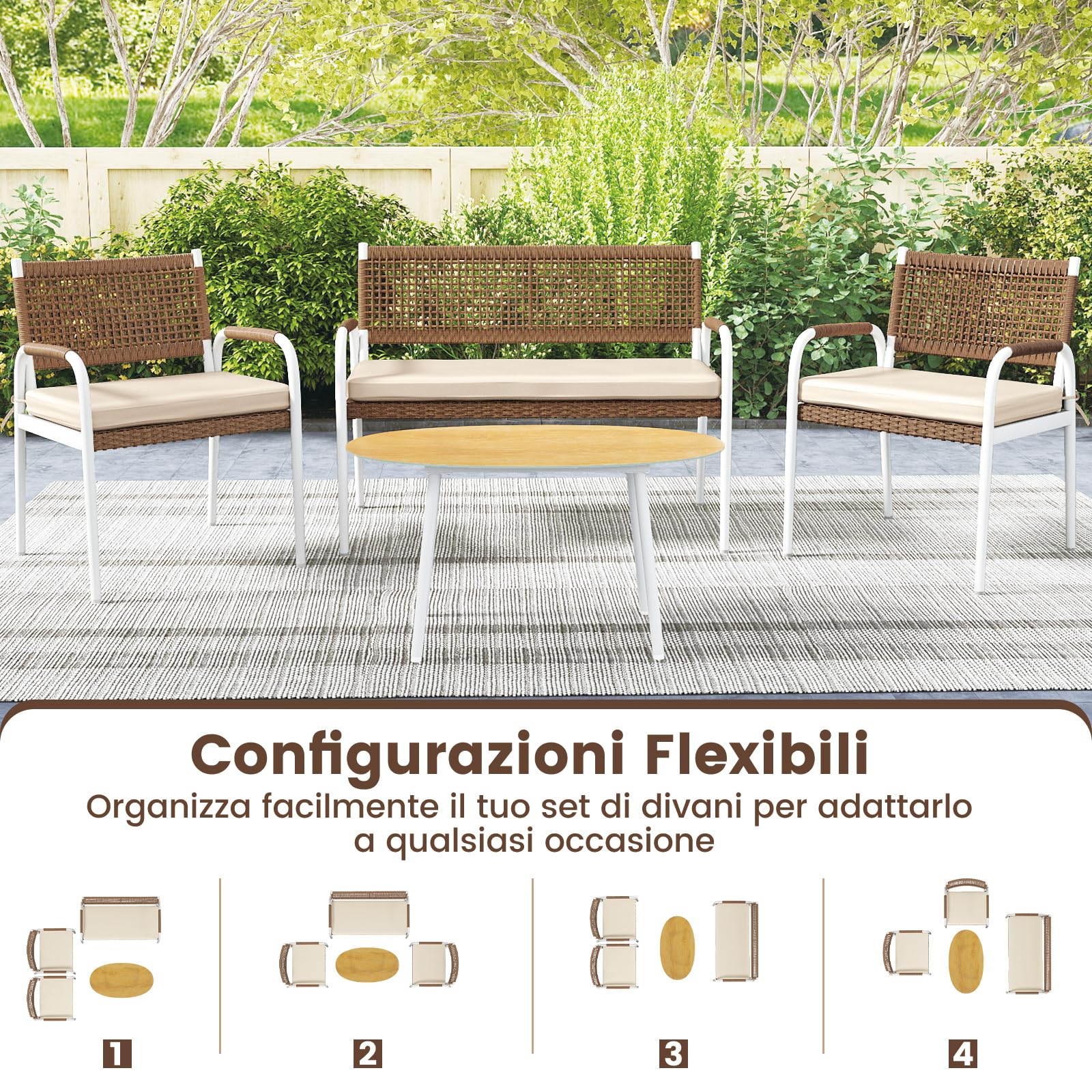 COSTWAY Set Salotto da Giardino 4 Pezzi, Divanetto in Rattan PE e 2 Poltrone con Cuscini Morbidi, Tavolo in Vetro Temperato, Set di Mobili da Esterno per Balcone, Veranda, Giardino e Cortile