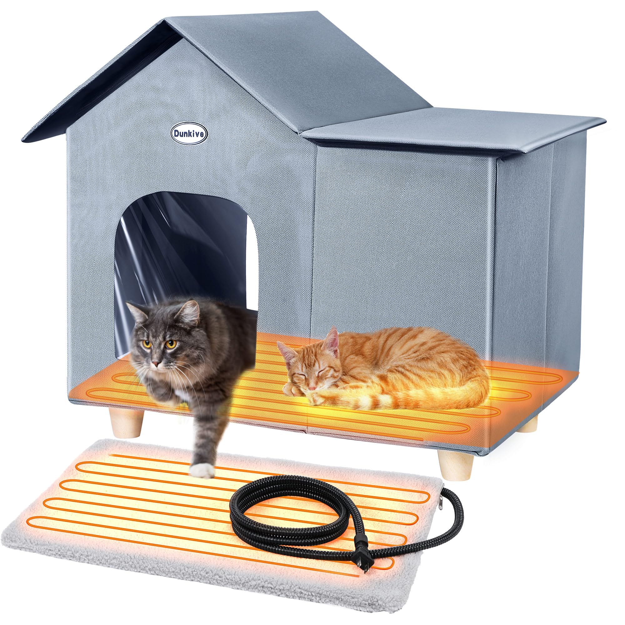 Heated Cat House for Outdoor Cats, Elevated Heated Outdoor Cat House with Thermostatic Pet Heating Pad, 2 Cat Heated House Feral Cat Shelter for Outdoor Cat, Outdoor Stray Cat(Gray)
