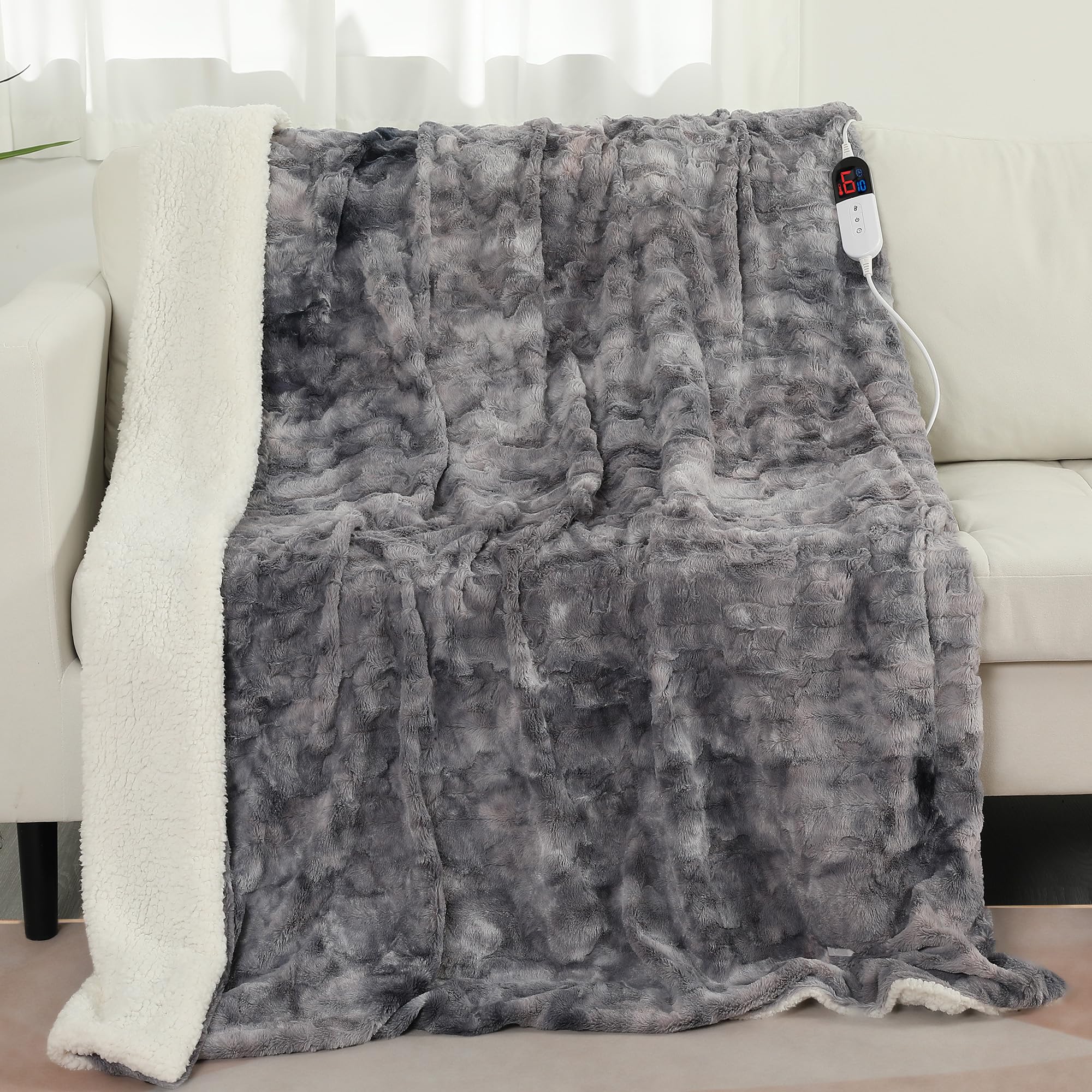 COZYTY Koc termiczny – koc elektryczny z automatycznym wyłączaniem, 130 x 180 cm, szaro-czarny polar Tie-Dye, 6 stopni grzania i 10 h automatyczne wyłączanie, można prać w pralce – miękki koc