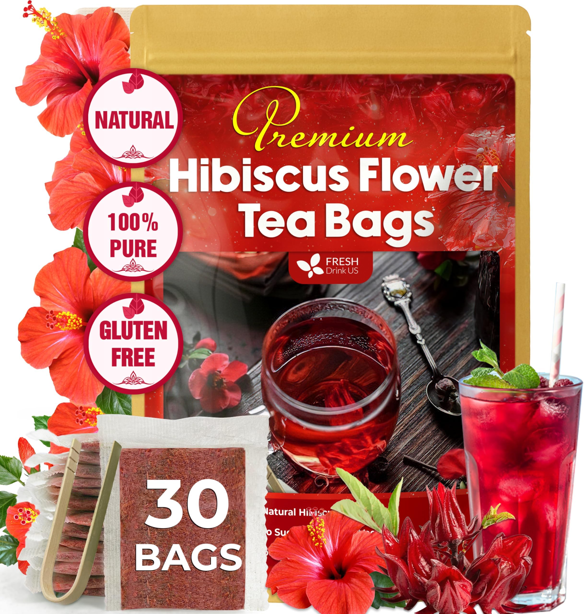 FreshDrinkUS, Premium 30 Hibiscus Flowers Tea Bags, 100% Natural & Pure from Hibiscus Flowers. Loose Flower Herbal Tea. No Sugar, No Caffeine, No Gluten, Vegan.