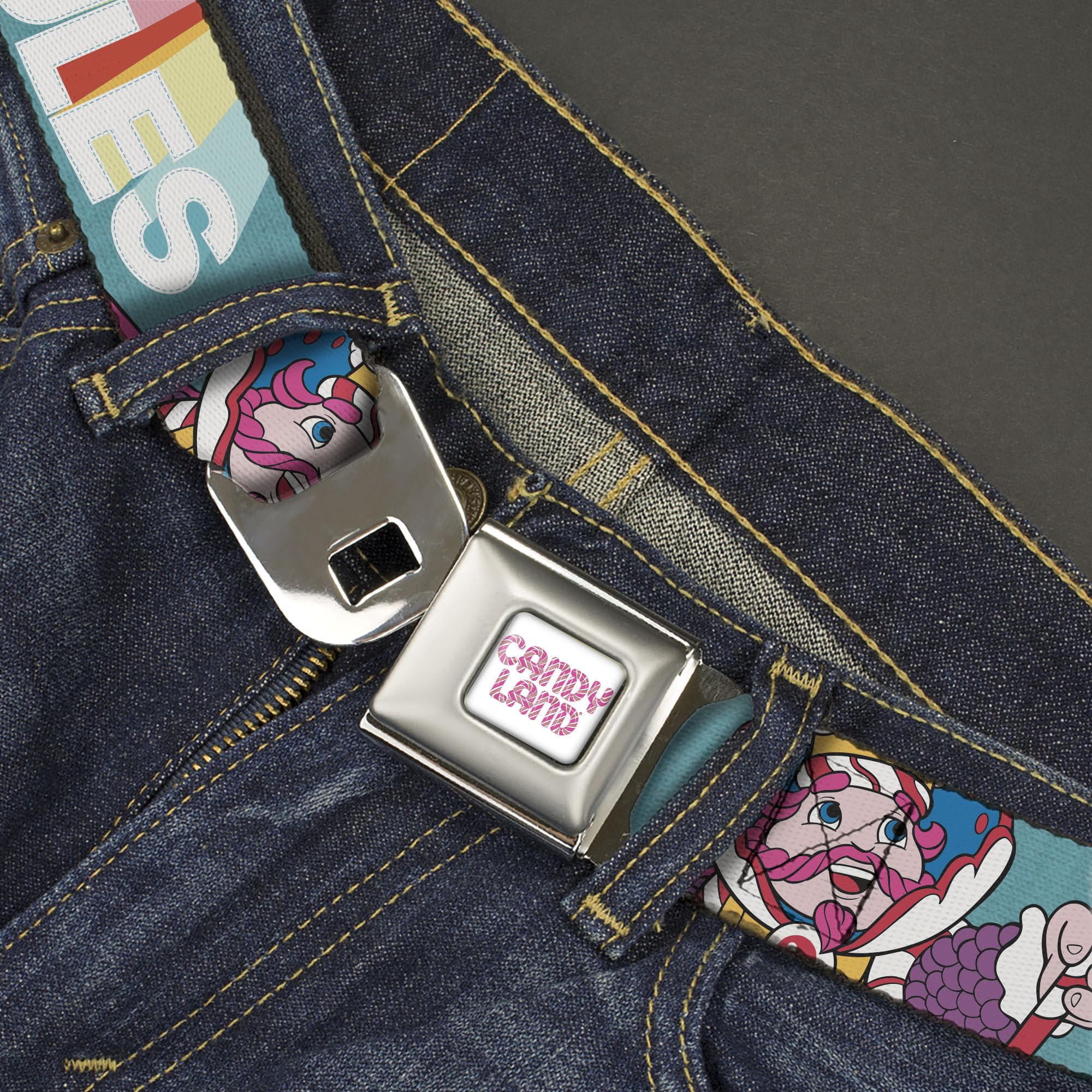 Hasbro Belt, Seatbelt Buckle Belt, Candy Land Kandy Rules King Kandy Pose Teal/Multi Color, Youth 20 to 36 Inches