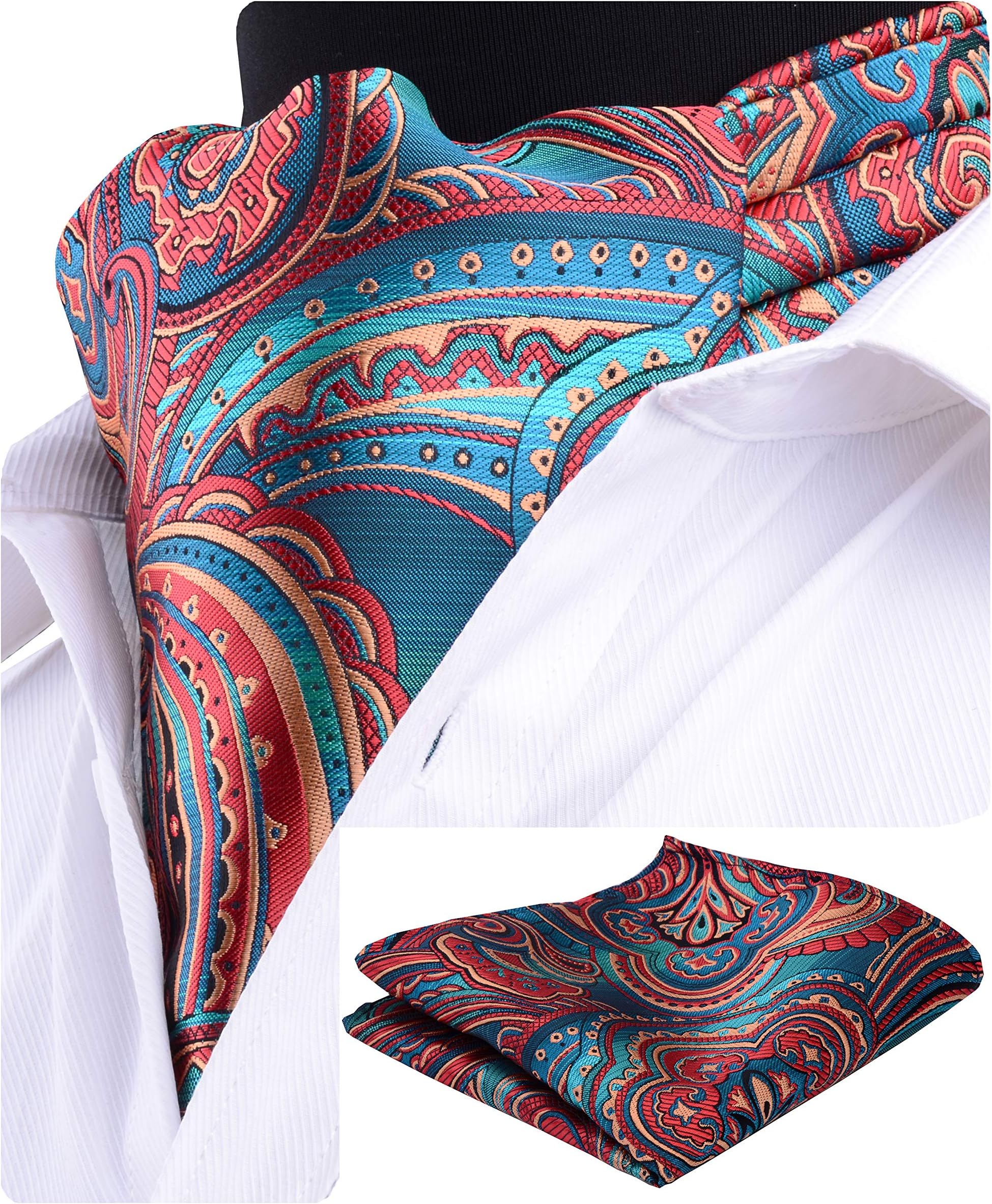 GUSLESON Men's Ascot Paisley Floral Jacquard Woven Gift Cravat Tie and Pocket Square Set