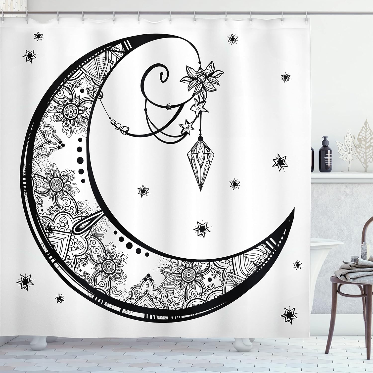 Ambesonne Tribal Shower Curtain, Paisley Floral Moon Crescent Gem Astrology Inspired Design Print, Cloth Fabric Bathroom Decor Set with Hooks, 69" W x 84" L, Black and White
