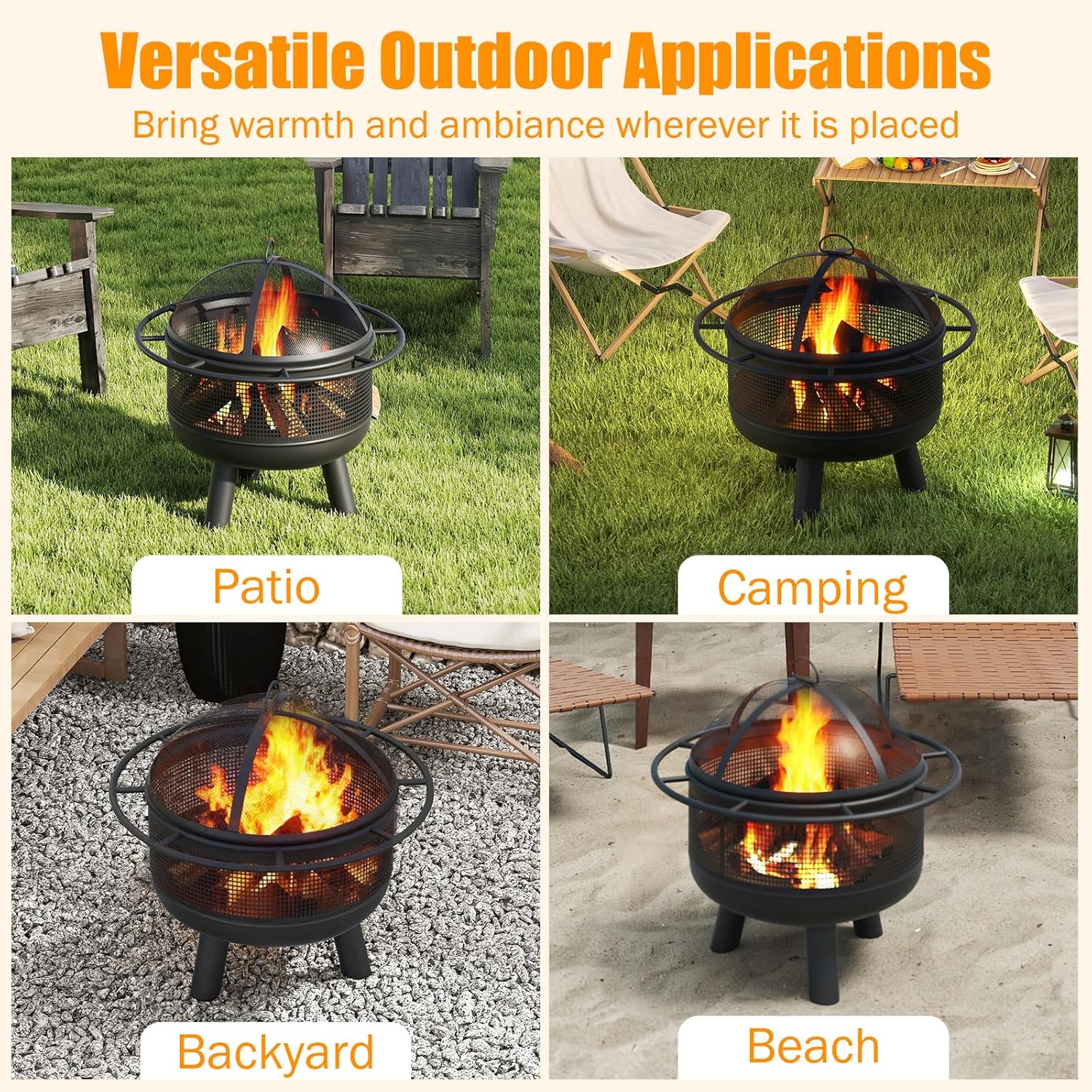 Happygrill 24" Outdoor Fire Pit, Heavy Duty Wood Burning Firepit w/Log Grate, Poker & Mesh Screen for Outside, Portable Small Fireplace for Camping, Bonfire, Heating, Picnic, Garden and Backyard