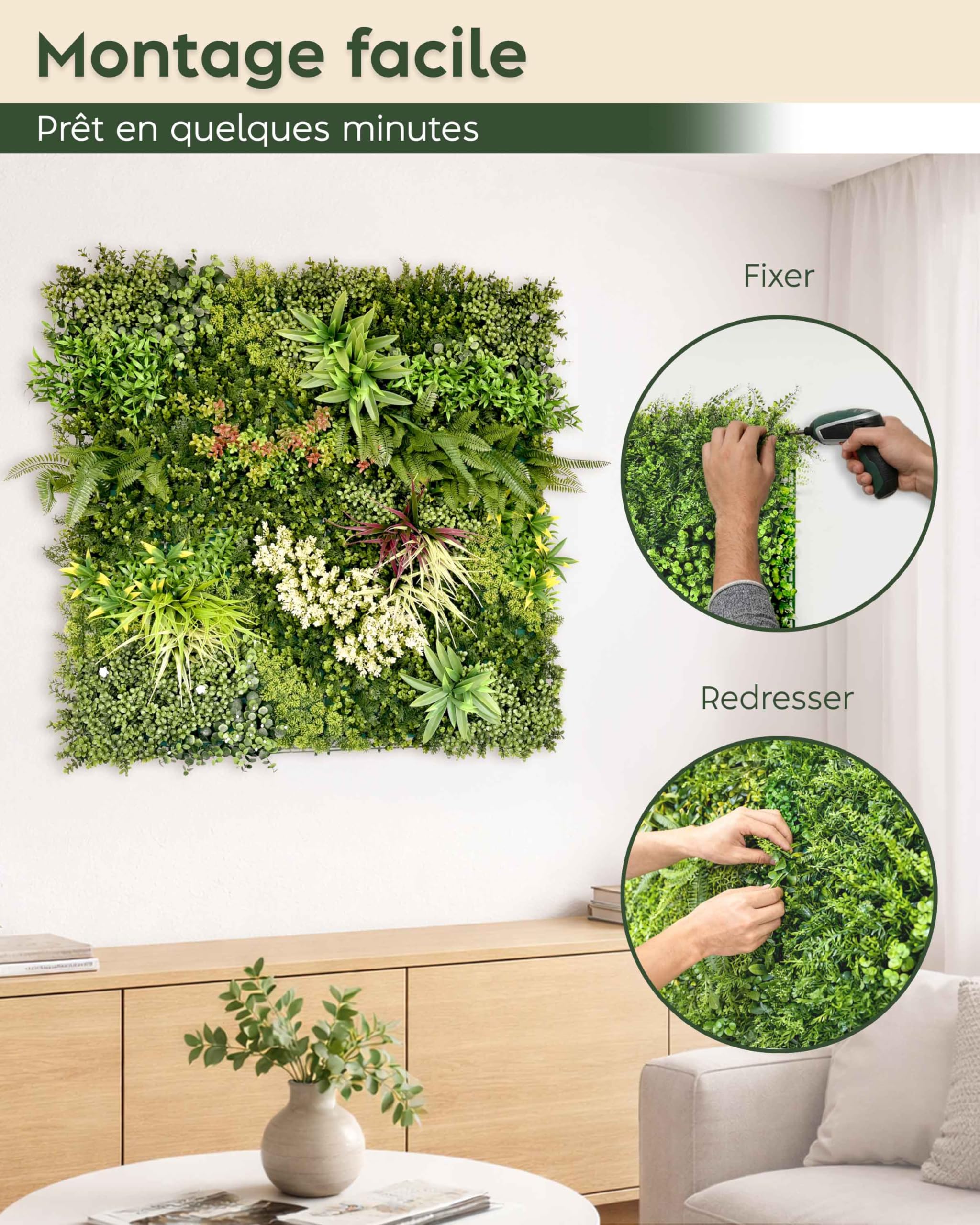 JELLE & JACOB Mur Vegetal Artificiel Exterieur et Interieur, Panneau Mur végétal 100x100 cm -Prairie d'été-, Facile d'entretien et Durable - pour Une Ambiance Cosy, Plante Murale Artificielle