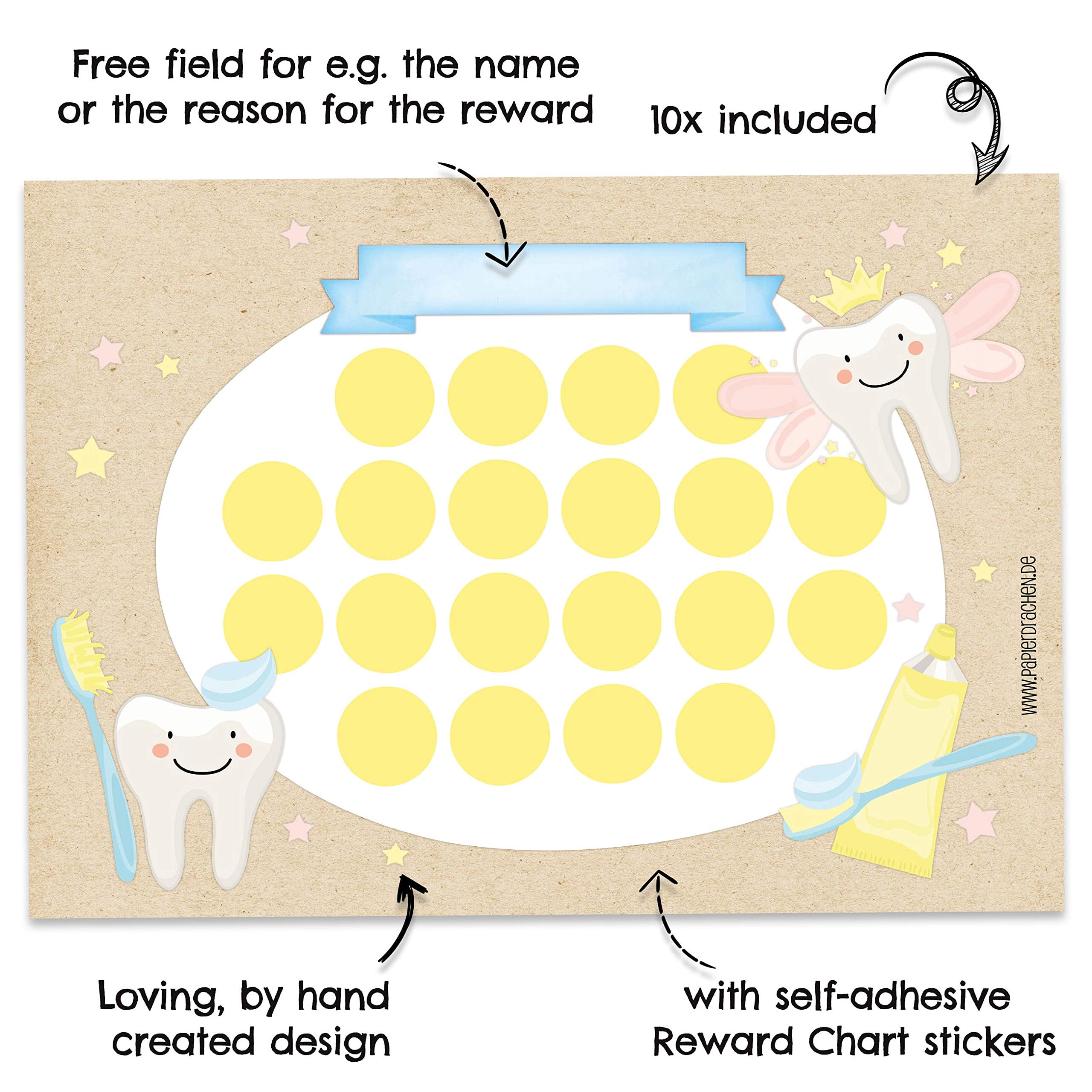 PaPIerDraCHeN Set di grafici delle ricompense per Bambini Come Blocco a Strappo 10 Fogli - Concetto motivante - con Grandi Adesivi per Bambini e Bambine - Motivo per lavarsi i Denti 1 Set 10