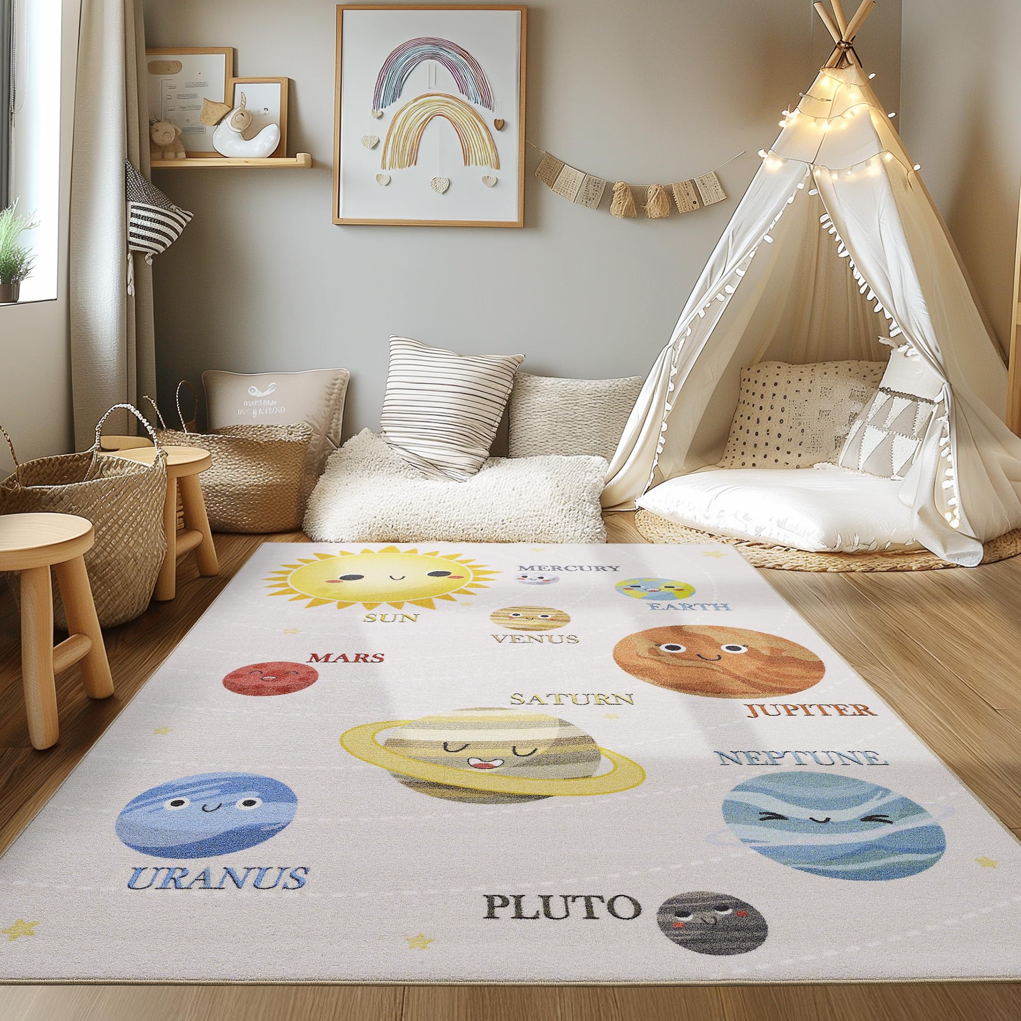 HomebyHome Kinderteppich Mehrfarbig 140x200 cm Planeten Muster Modern rutschfest Waschbar Pflegeleicht Extra Weich Antiallergen Babyteppich Kinderzimmer Jungen Mädchen