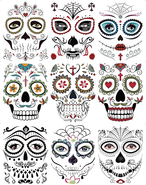 DaLin 9 Sheets Floral Day of the Dead Sugar Skull Temporary Face Tattoos for Halloween