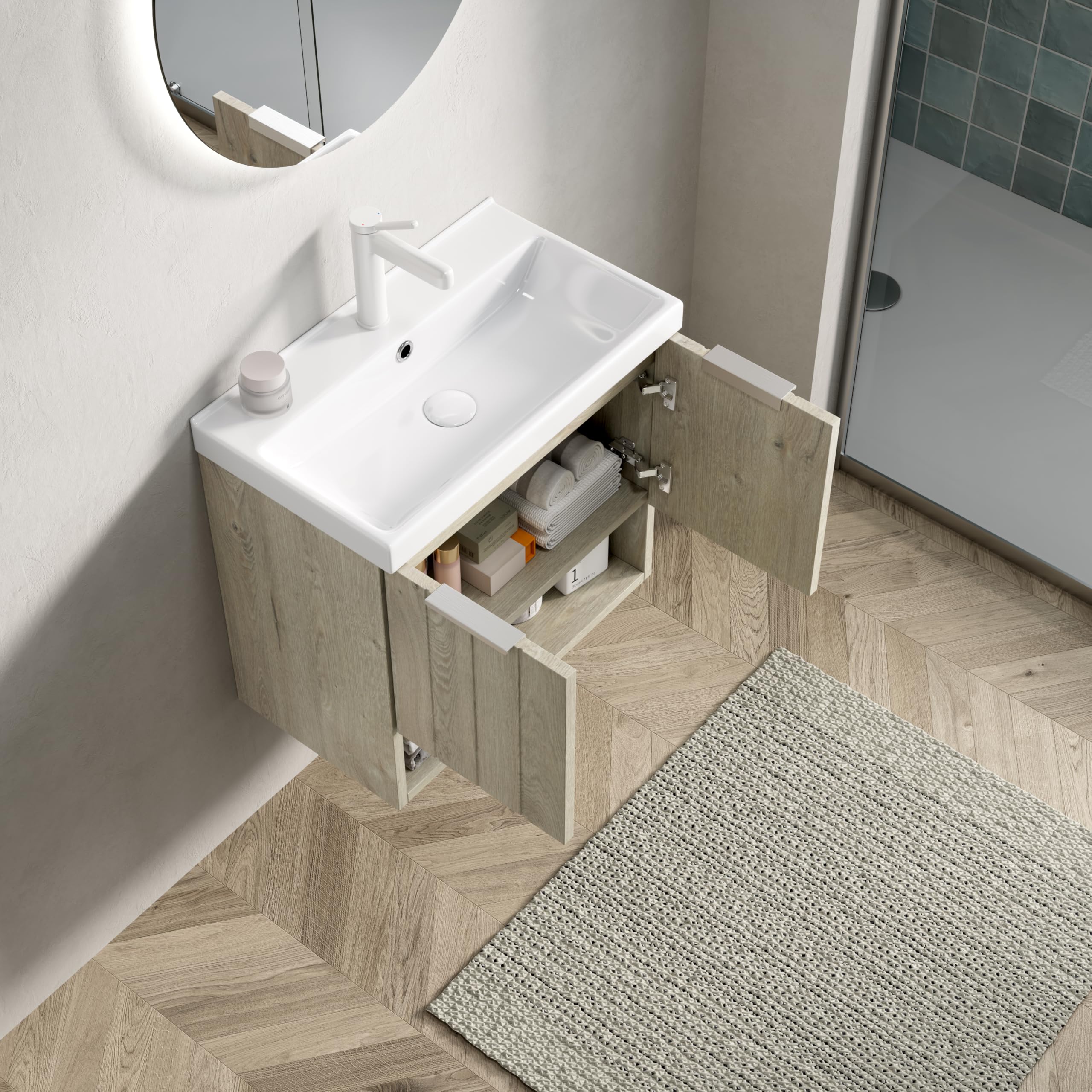 Mueble de baño suspendido con armario a rayas y lavabo rectangular de cerámica blanca