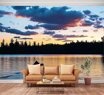 Wall Mural Peel and Stick Canoe Lake Sunset Large Wallpaper Self Adhesive Contact Paper Removable 3D Wall Sticker for Living Room Bedroom 94"x132"