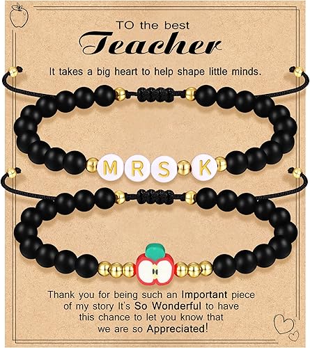 Teacher Appreciation Bracelet Gifts for Women Initial Beaded Bracelets Back to School Thank You Teacher Gifts 2pcs Link Bracelet New Teacher Graduation Gift Birthday Retirement Teachers' Day Jewelry