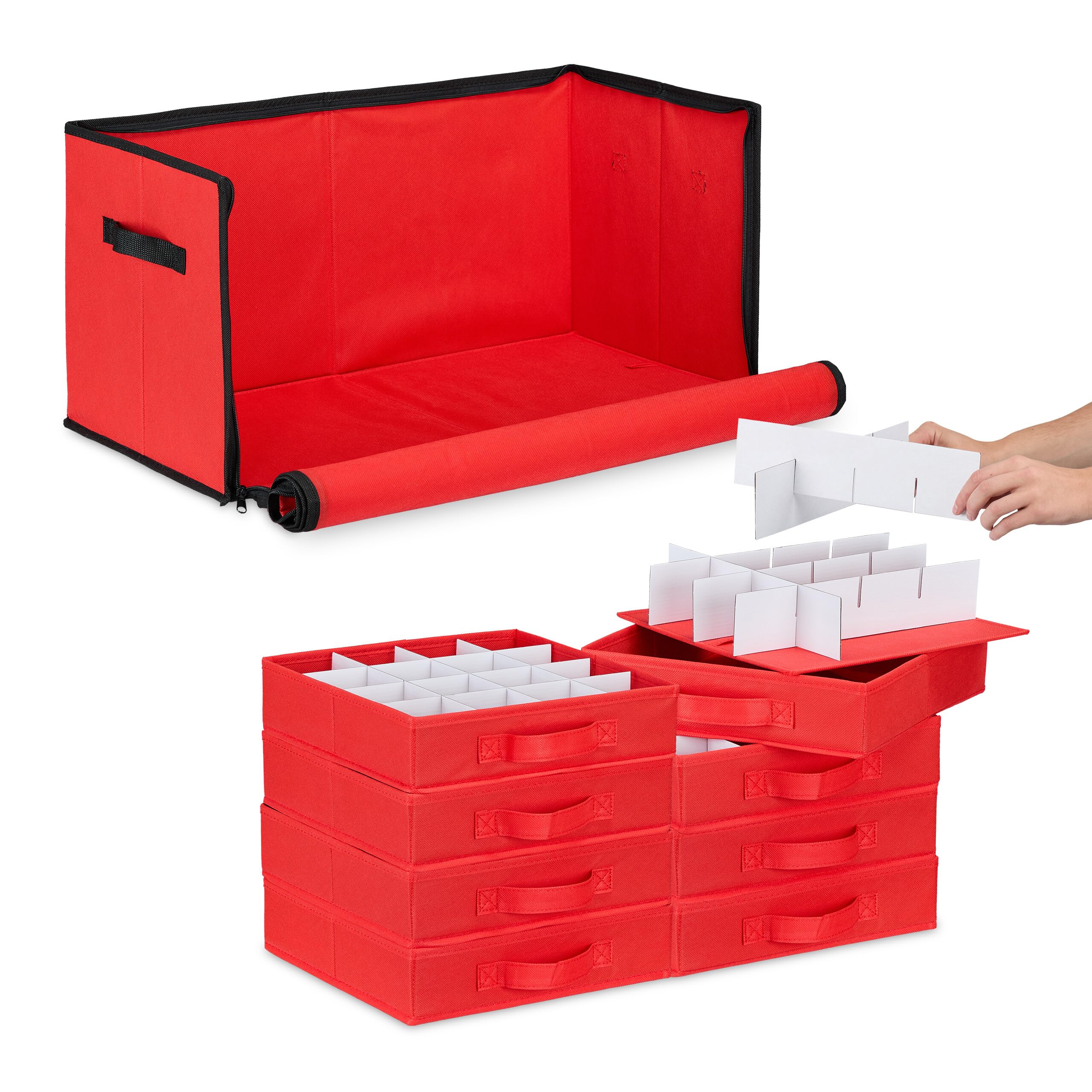 Relaxdays Scatola per Palline di Natale, Borsa Porta Palle, Addobbi Natalizi, 128 Scomparti, 30,5x62x30,5 cm, Rosso Nero