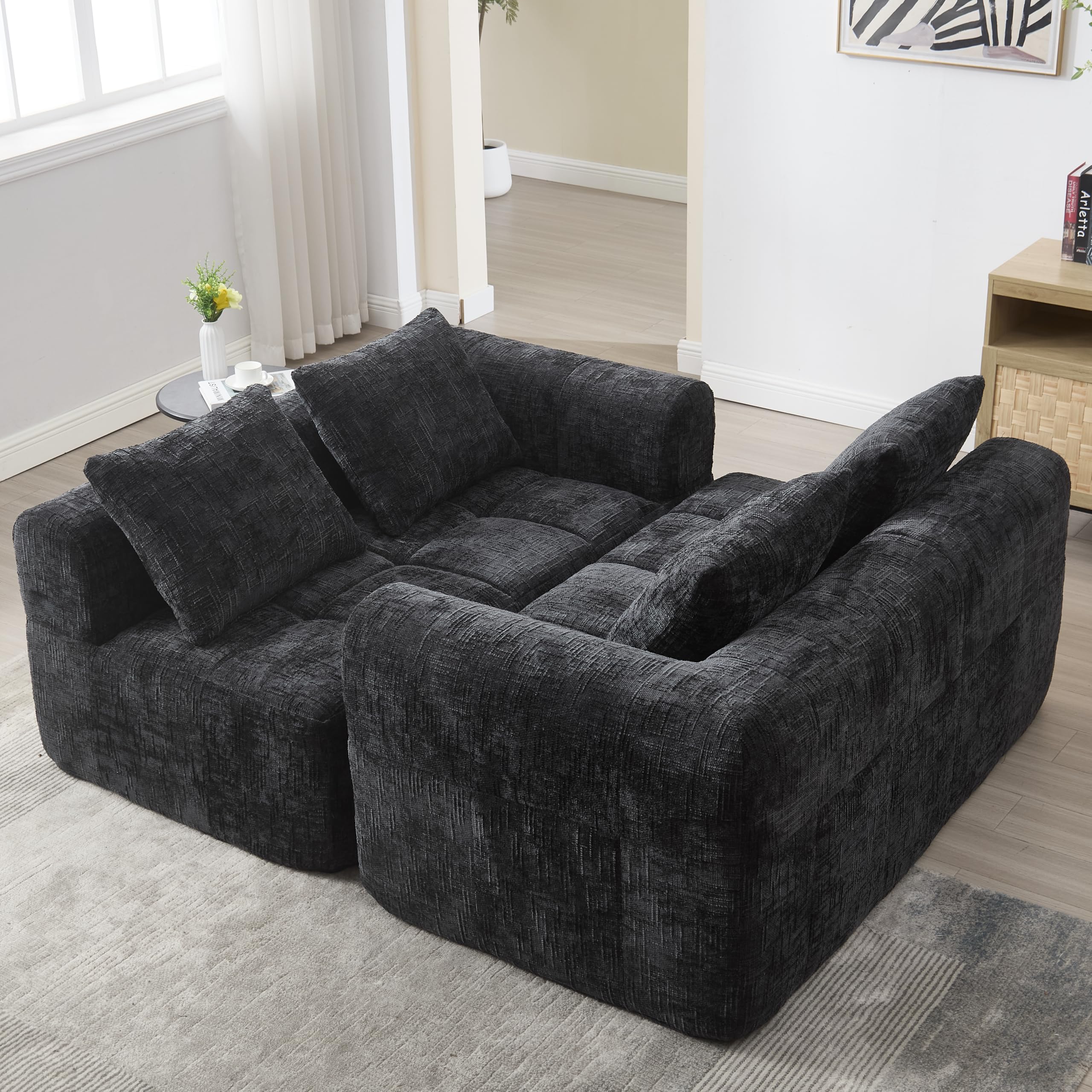 Sofá moderno modular, L, 3 plazas chaise longue, 3 almohadas, bolsillo lateral mando, chenilla, negro