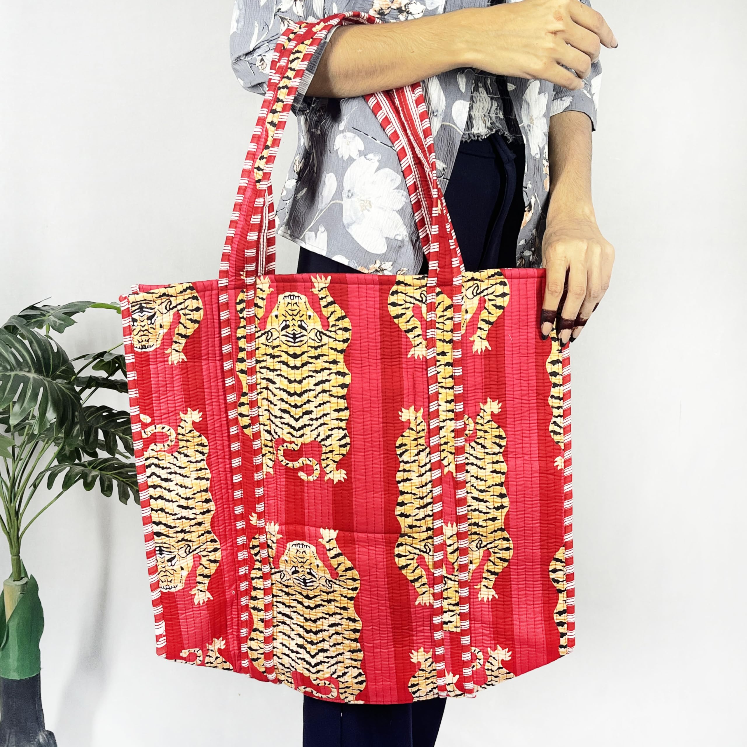 100% Cotton Quilted Red Tiger Printed Tote Bag grocery Shopping Bag For Women - Soft And Stylish Shoulder Bag -(45x46x15 cm) 2