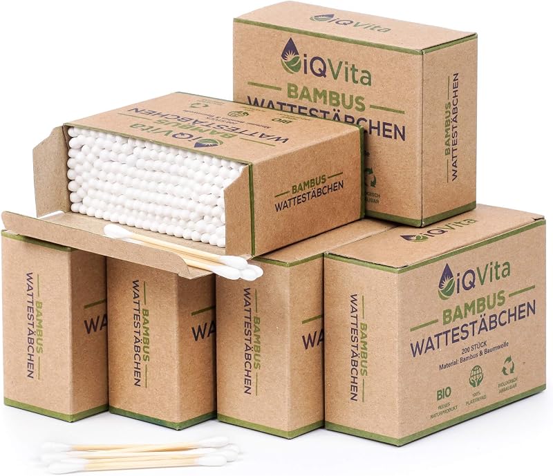 1200 Bambus Wattestäbchen (6 x 200 Stück) – 100% Plastikfrei, Biologisch Abbaubar, Vegan & Nachhaltig – Reines Naturprodukt