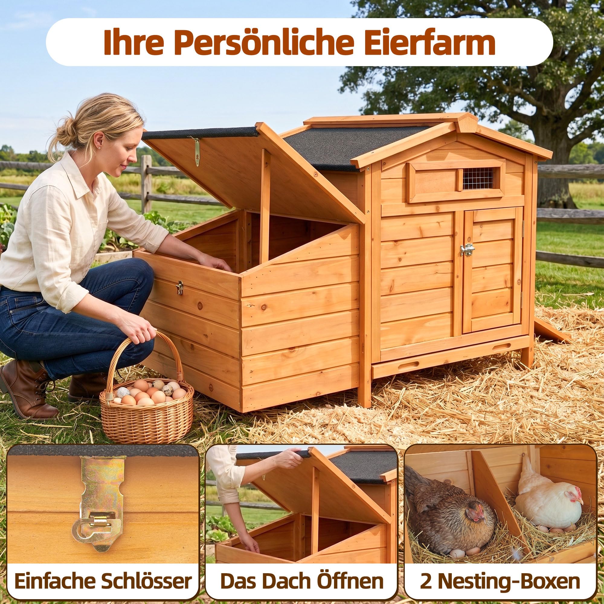 Hühnerstall Winterfester & isolierter aus Massivem Holz Hühnerhaus für 2-3 Hühner Legenest Hühnergehege mit 2 Nistkästen Entenhaus Hühnervoliere Kleintierstall mit Wetterfest Dach Verzinkte Paletten