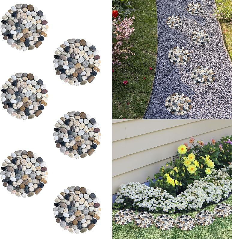 Sunnyglade 6 Pcs 9" × 9" River Rock Stepping Stones Round Pebbles Outdoor | Round Pebbles Polished Gravel Outdoor Pebble River Stone Mat for Yard Patio Pathway Landscaping Pavers for Outside Walkway