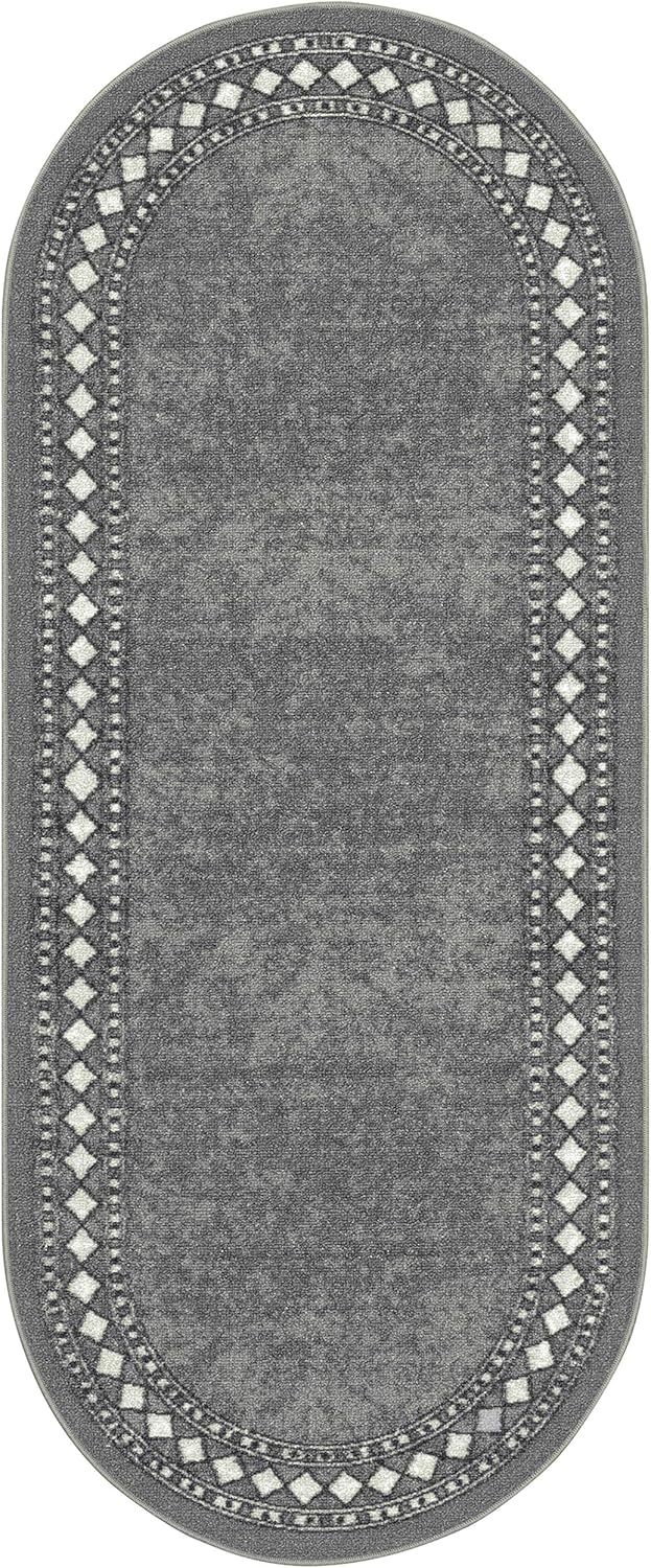 Antep Rugs Alfombras Modern Bordered 2x5 Non-Skid (Non-Slip) Low Profile Pile Rubber Backing Kitchen Area Rugs (Gray, 2' x 5' Oval)