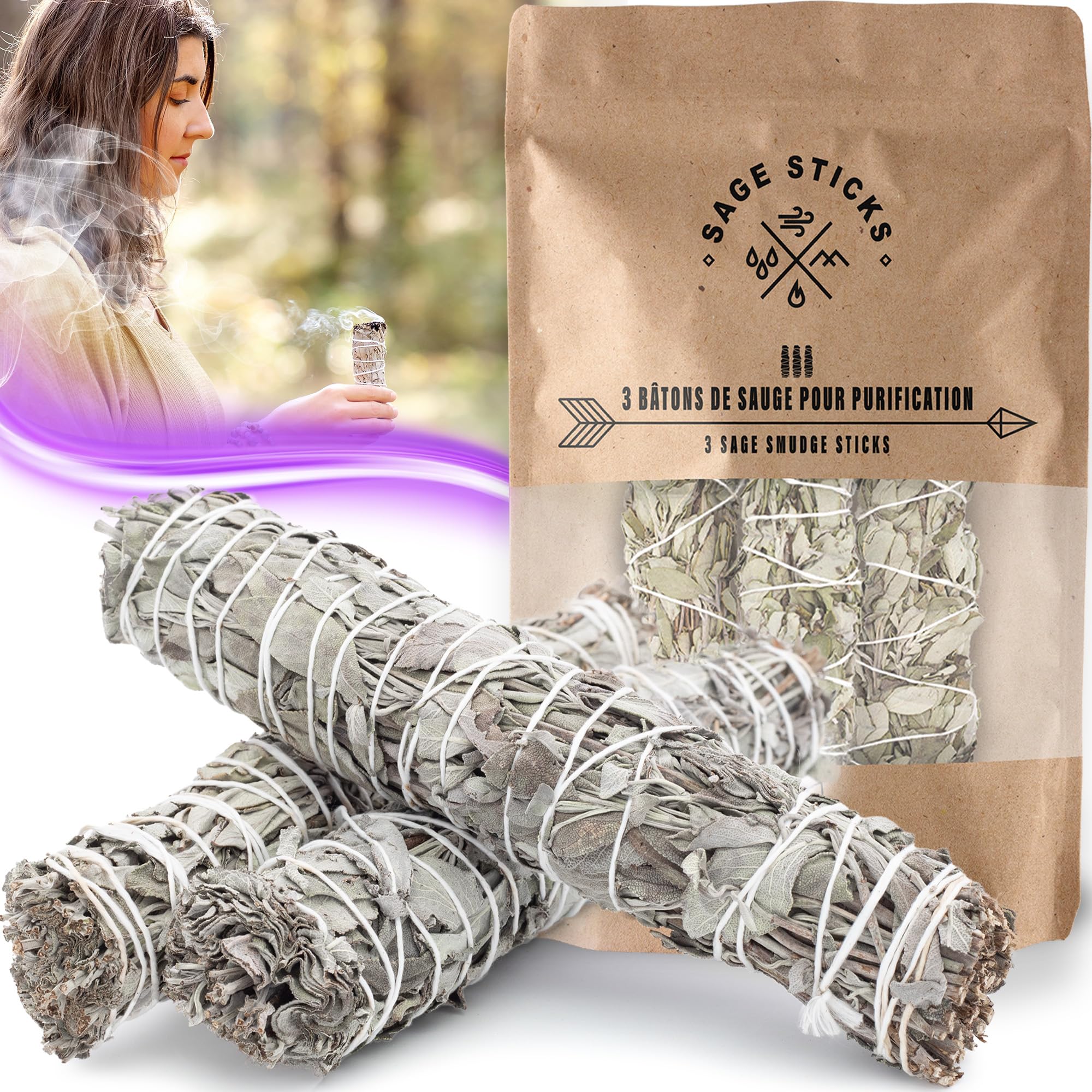 Vibratis White - Sage Smudge Stick For Purification 16Cm - 3 Sage Smudge Sticks + E-Book - Eliminates Negative Energies - Aids In Meditation