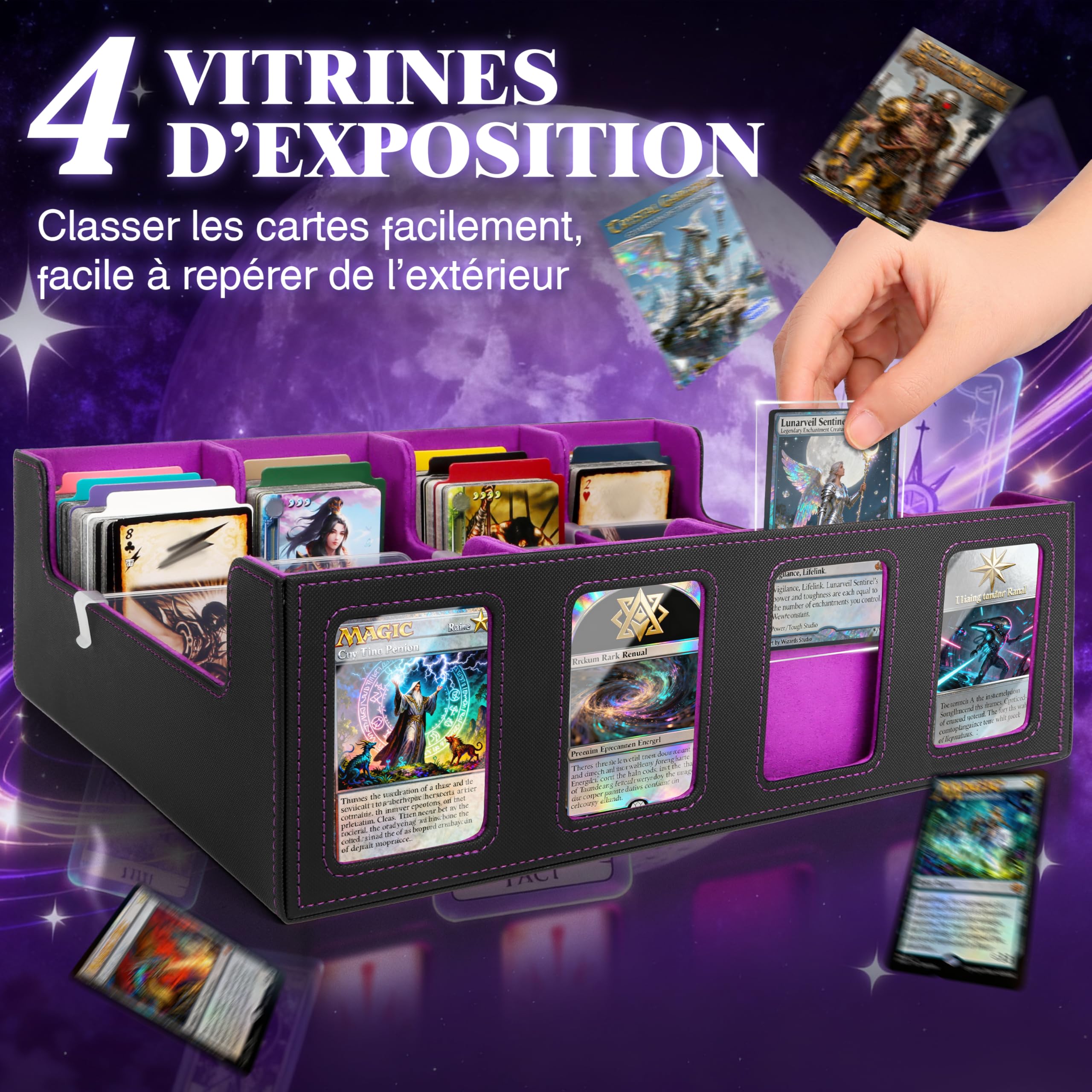 Charmofun Boîte Rangement Carte, Boîte à Cartes pour Plus de 2400+ Cartes Avec 10 Séparateurs, 4 Blocage et Plateau à Dés, Boîte à Rabat Magnétique Avec Cuir Pu et Poignée (Violet, 2400+)