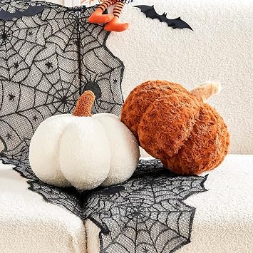 Lfsaaj Halloween Pumpkin Pillow, 2 Pcs Cute Pumpkin Shaped Throw Pillow, Fall Room Decor 3D Pumpkin Plush Pillow for Halloween Thanksgiving Bedroom Sofa Couch11 inch, Ivory+Brown