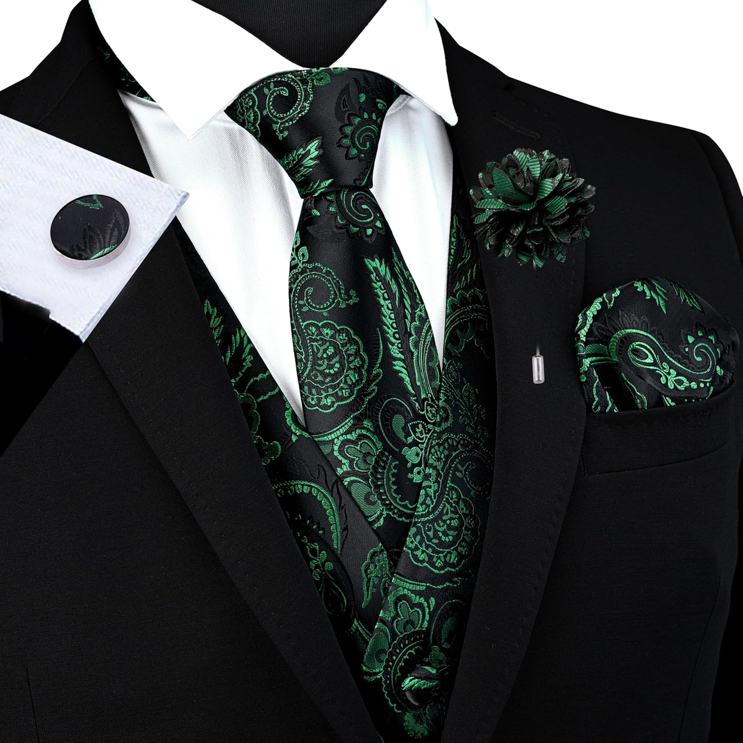 GUSLESON Formal Men Vest Paisley Floral Jacquard Tie Waistcoat Bow tie Hanky Lapel Pin Cufflinks Set Wedding 7PCS - Image 2