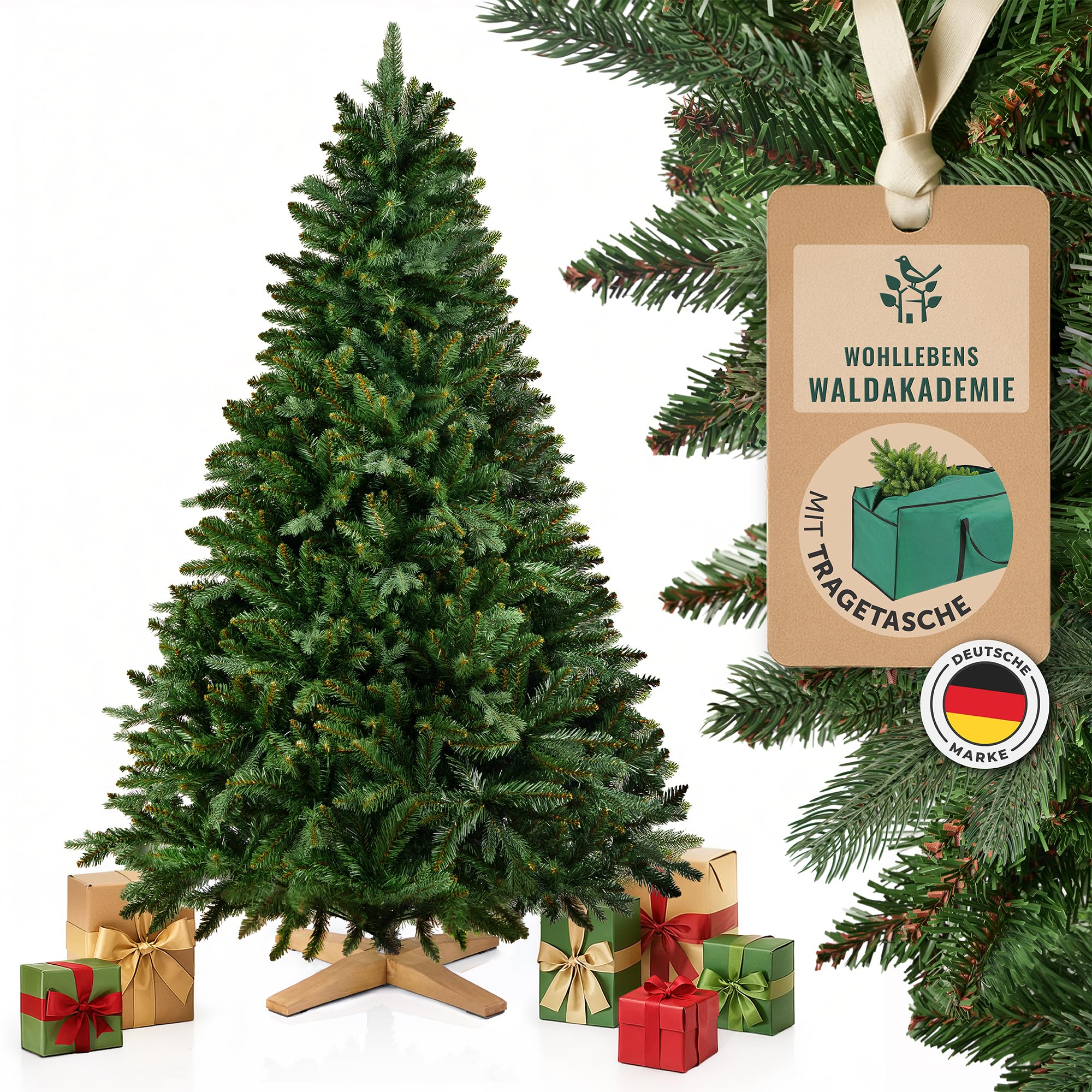 MerryTree Premium künstlicher Weihnachtsbaum 150 cm - Weihnachtsbaum künstlich aus naturgetreuem PVC + PE - Spritzguss Mix - massiver Holzfuß - Nordmanntanne - naturechter Baum Weihnachten - Xmas Tree