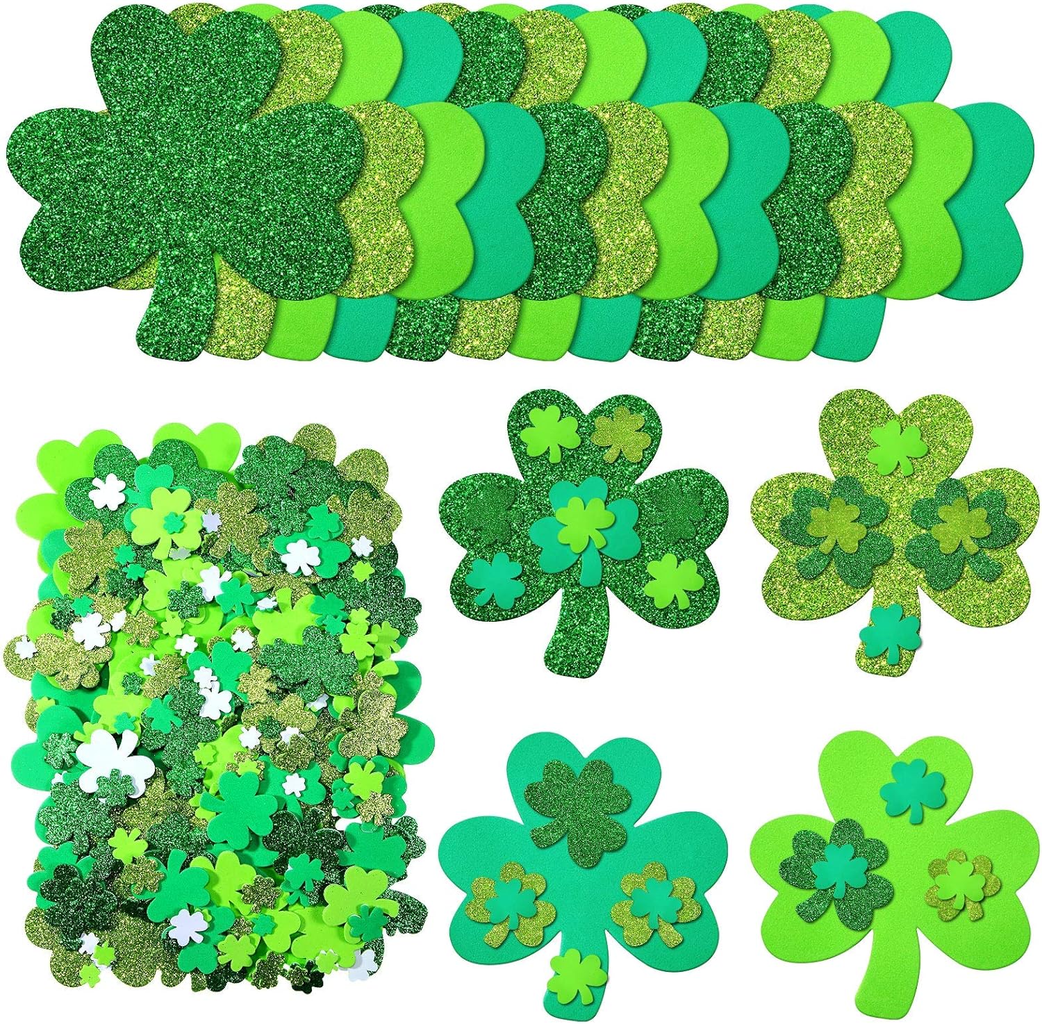 224 Pieces St. Patrick's Day Craft Supplies Glitter Foam Shamrock Stickers Self-Adhesive Green Lucky Irish Decals for Kids Toddlers Adults (Bright Colors)