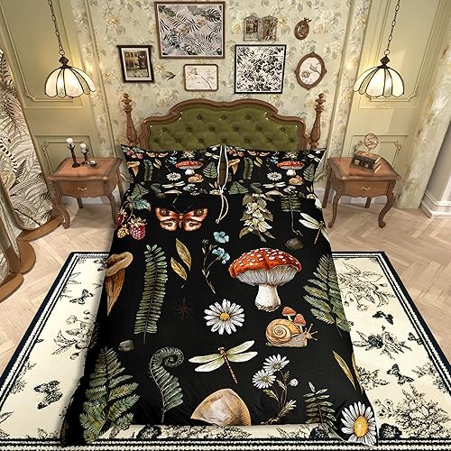 Miniatura 100 de Juego de funda de edredón de 3 piezas, diseño de hongos, diseño de hojas botánicas de acuarela y fresa, para niños, adolescentes, adultos, libélula