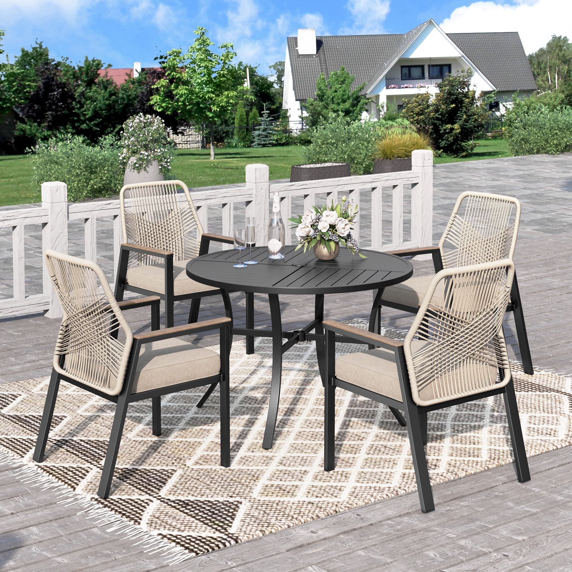 PHI VILLA Gartentisch Esstisch Balkontisch Wetterfest, 107cm Outdoor Rund Terrassentisch mit Schirmloch für 4, Schwarze Metall E-Beschichtung Garten Außen Tisch für Hinterhof Veranda Terrasse